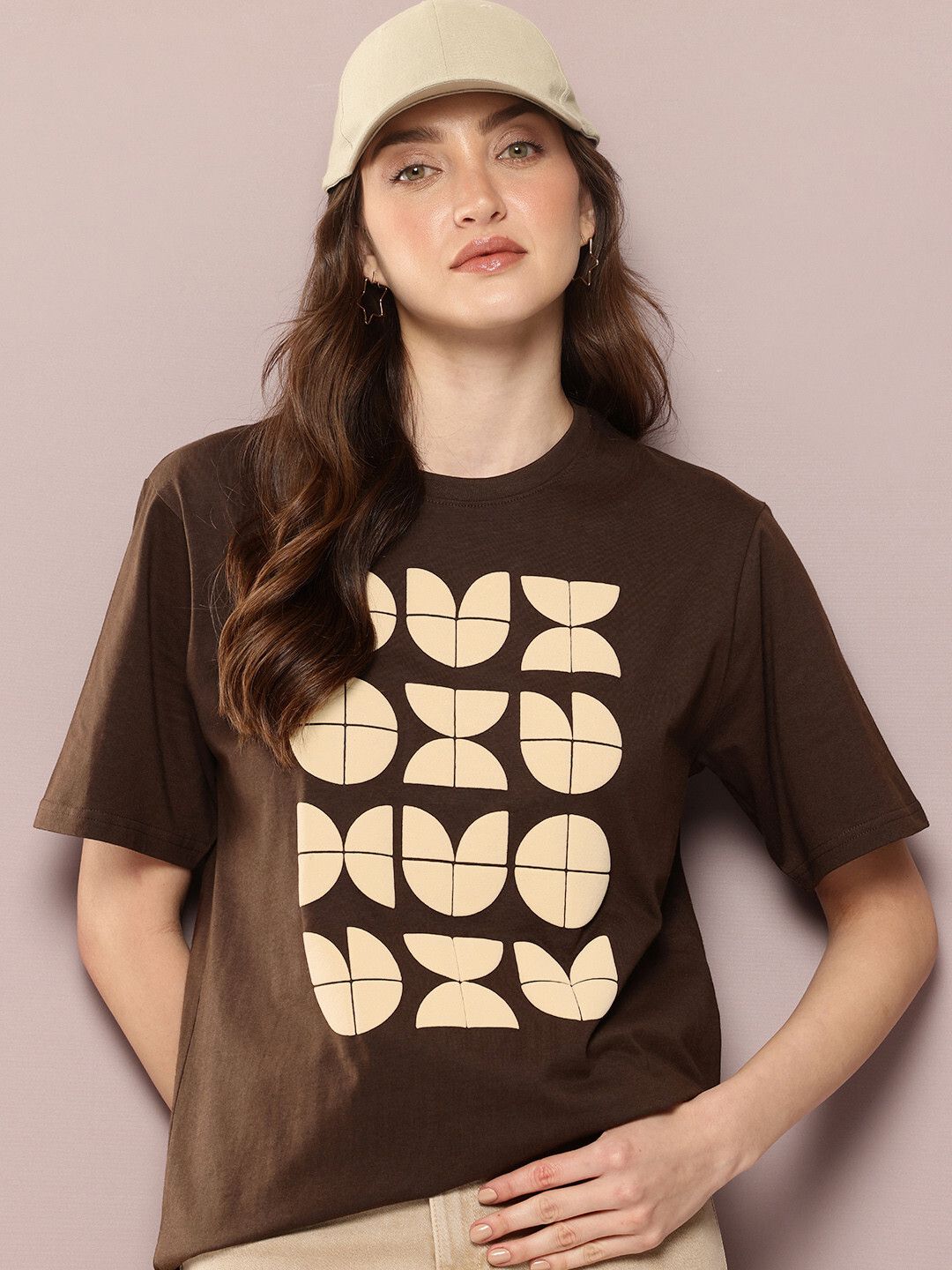 deklook Women Printed Round Neck Pure Cotton Brown T-Shirt-picture-10