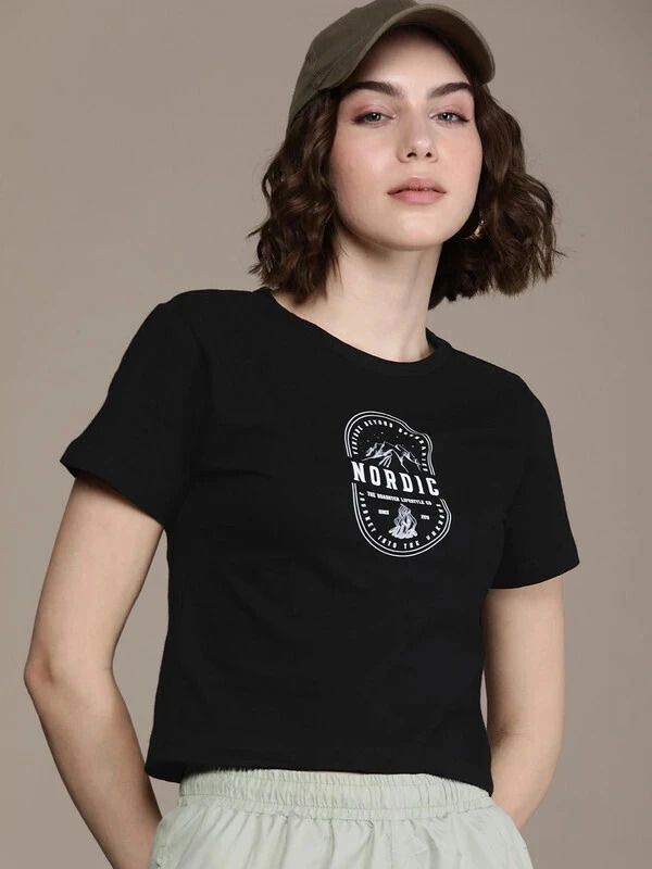 roadster Women Printed Round Neck Cotton Blend Black T-Shirt-picture-31