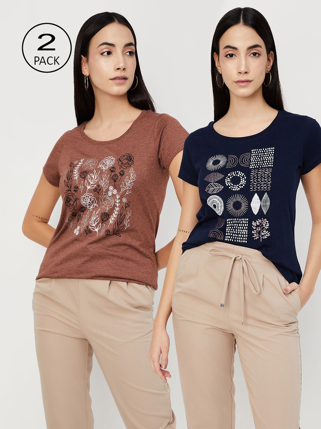 max Pack of 2 Women Printed Round Neck Pure Cotton Multicolor T-Shirt-picture-32