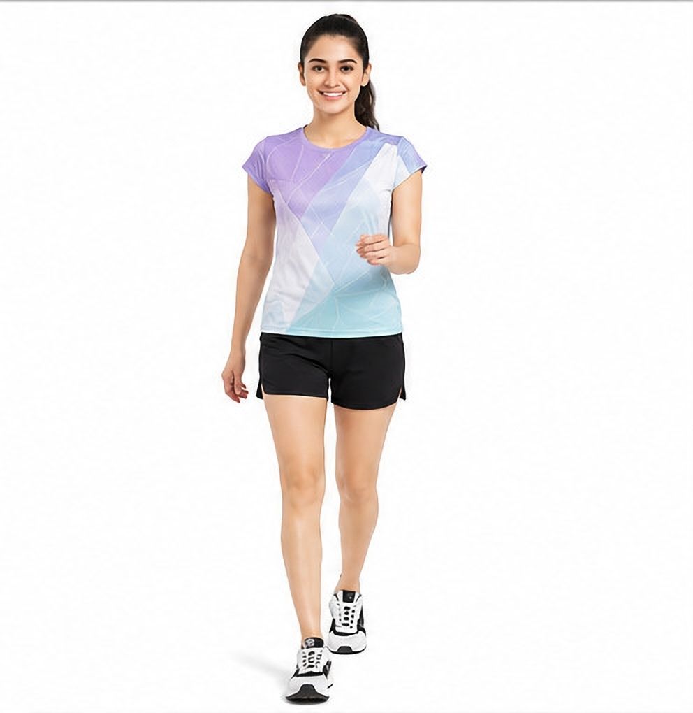 Women Geometric Print Round Neck Polyester Purple T-Shirt-image-25