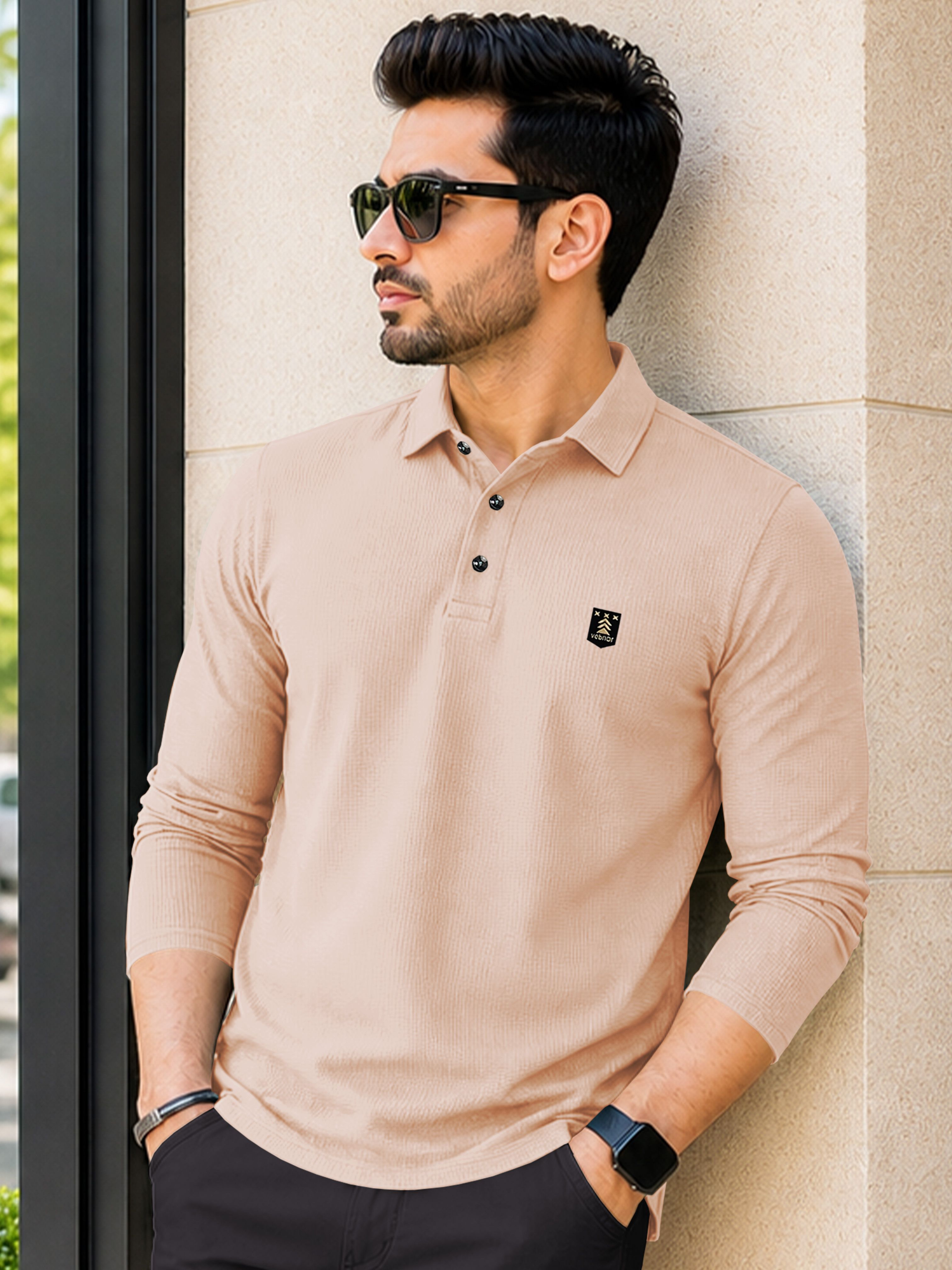 Men Self Design Polo Neck Polyester Beige T-Shirt-image-14
