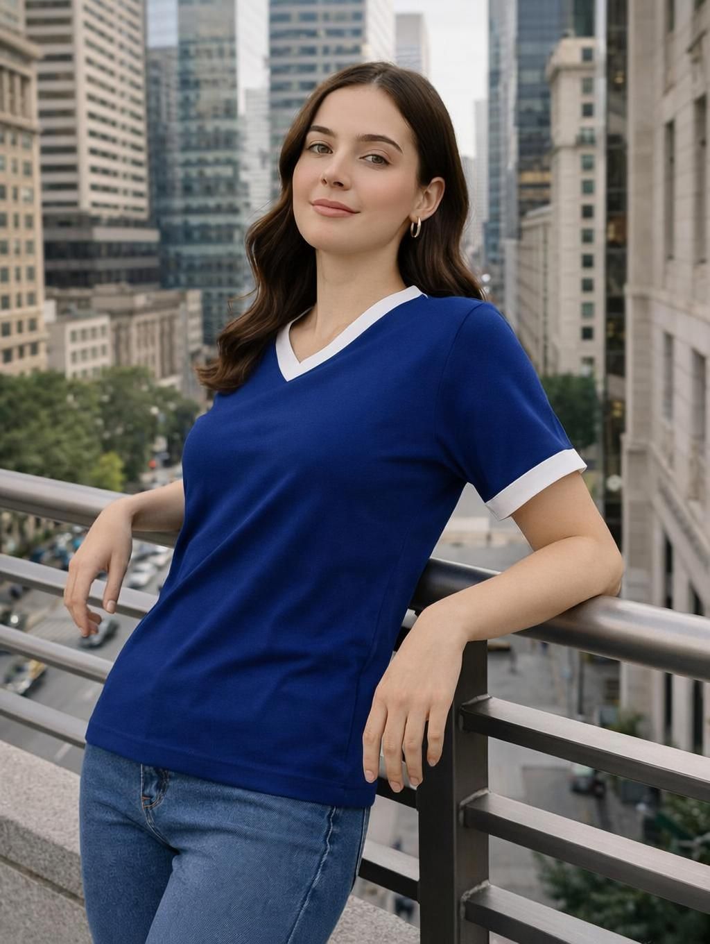adyavastram Women Solid V Neck Cotton Blend Blue T-Shirt-picture-38