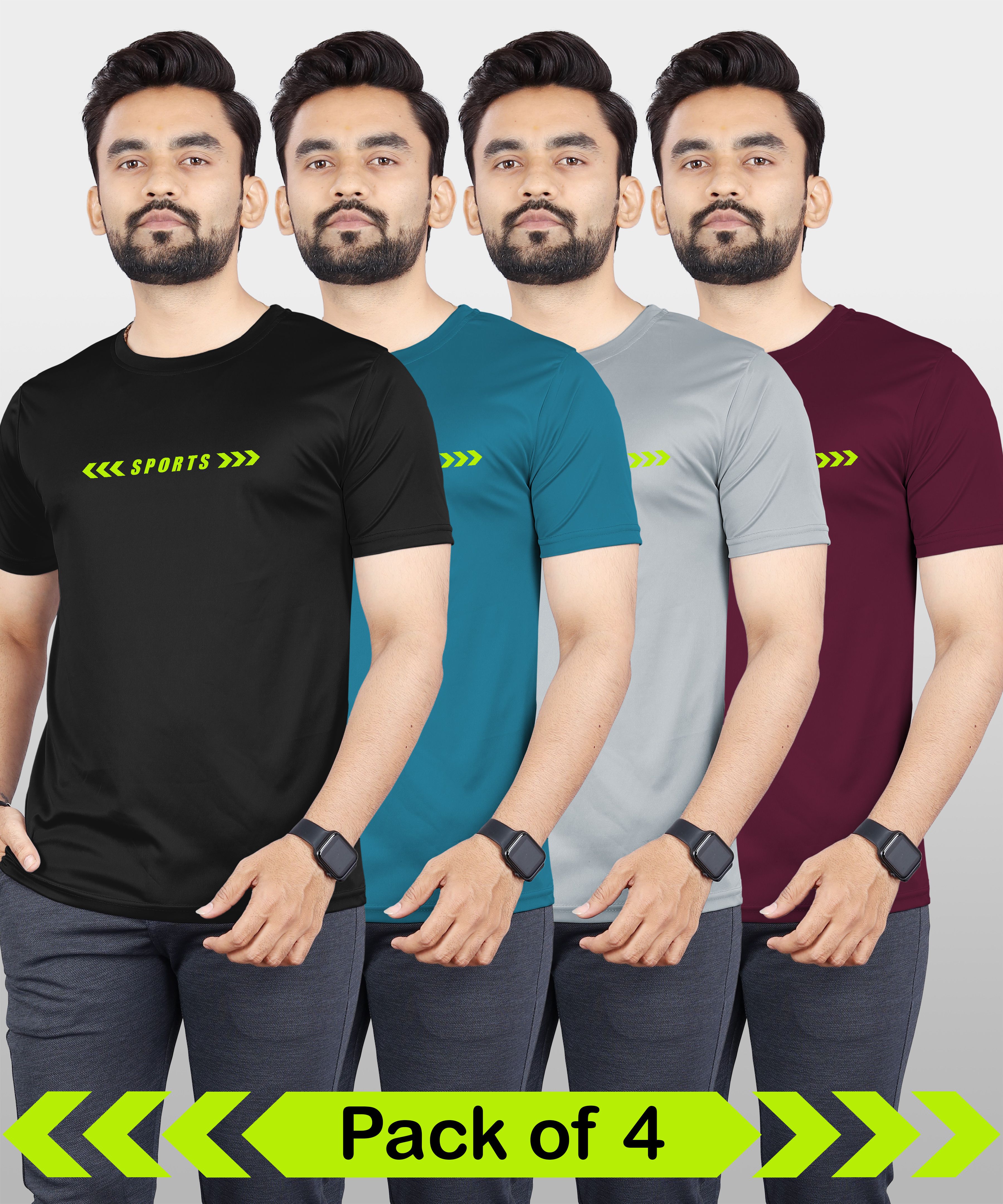 vebnor Pack of 4 Men Self Design Round Neck Polyester Black, Blue, Grey, Maroon T-Shirt-picture-26