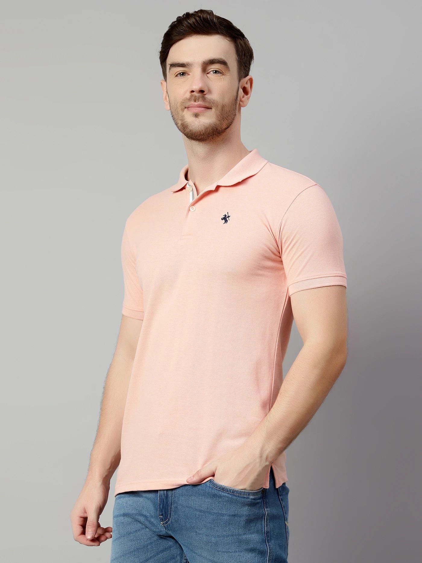 cantabil Men Solid Polo Neck Cotton Blend Pink T-Shirt-picture-10
