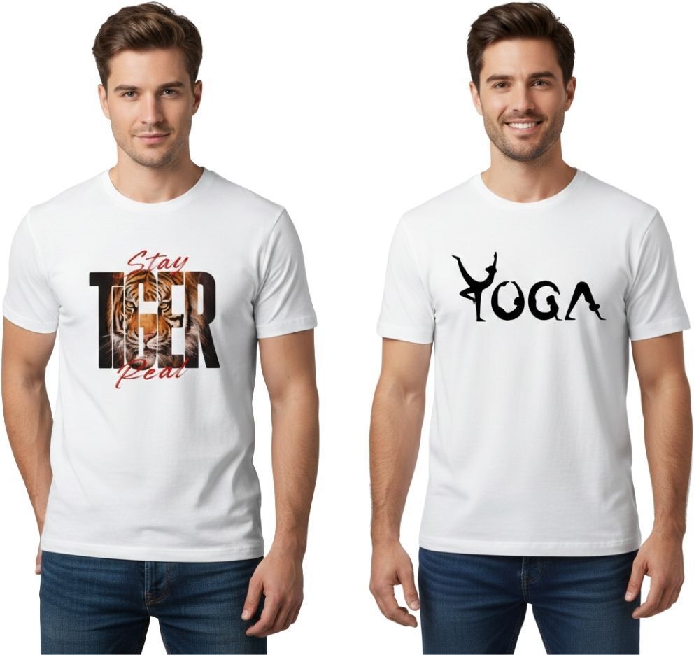 vkv fshion Pack of 2 Men Graphic Print Round Neck Cotton Blend White T-Shirt-picture-19