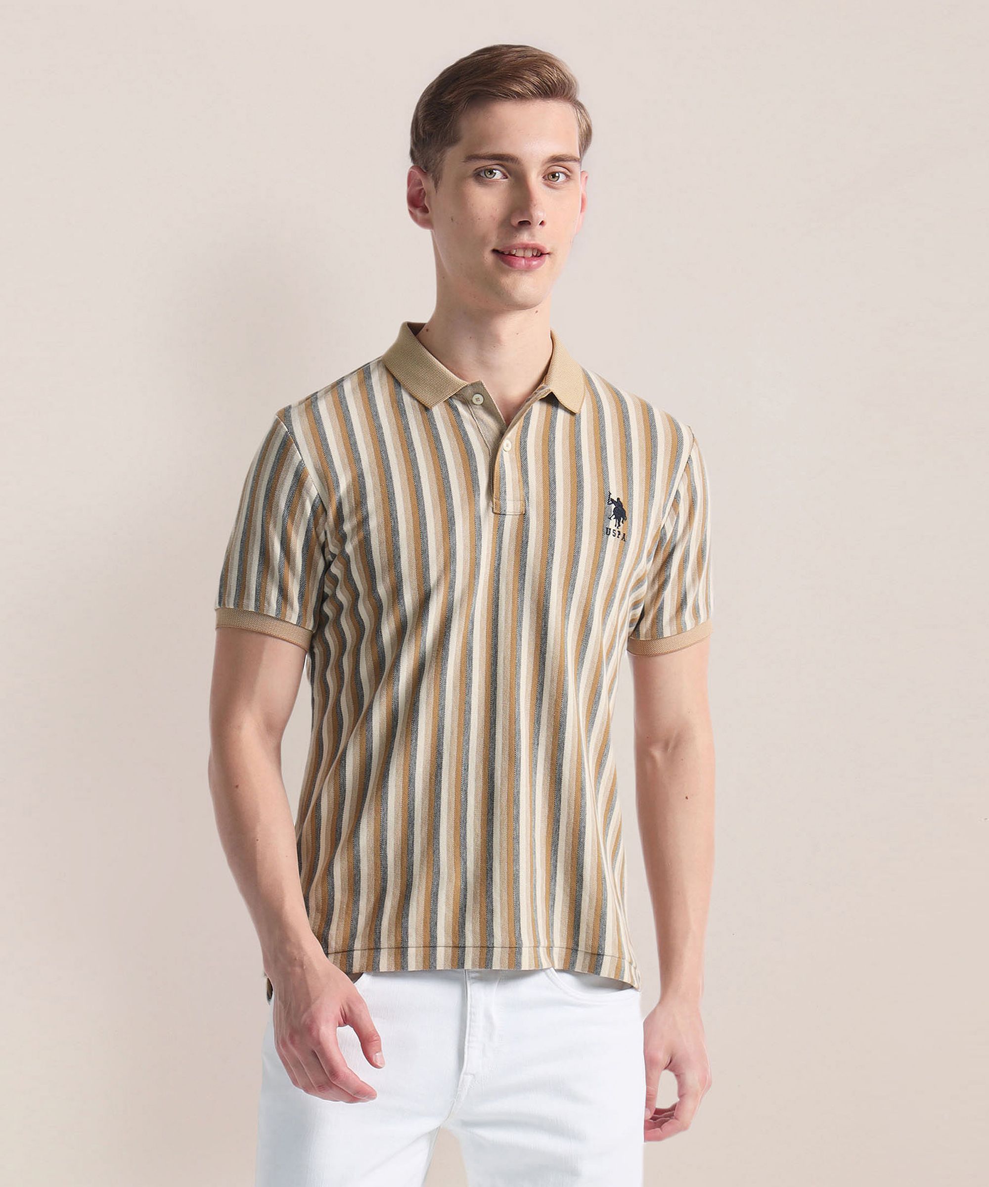 u.s. polo assn. Men Striped Polo Neck Cotton Blend Beige, Brown, Grey T-Shirt-picture-16