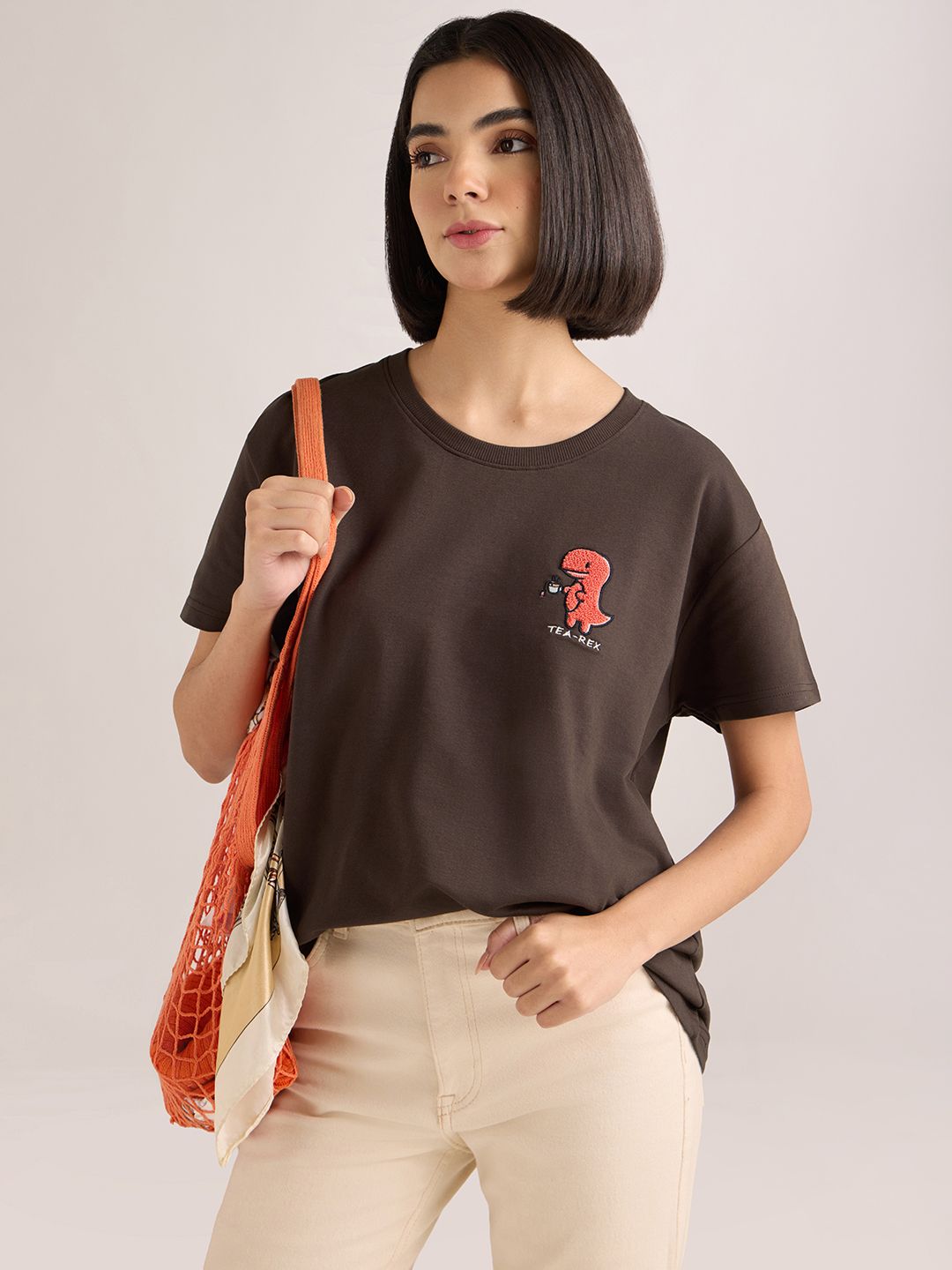 dillinger Women Embroidered Round Neck Pure Cotton Brown, Grey T-Shirt-picture-12