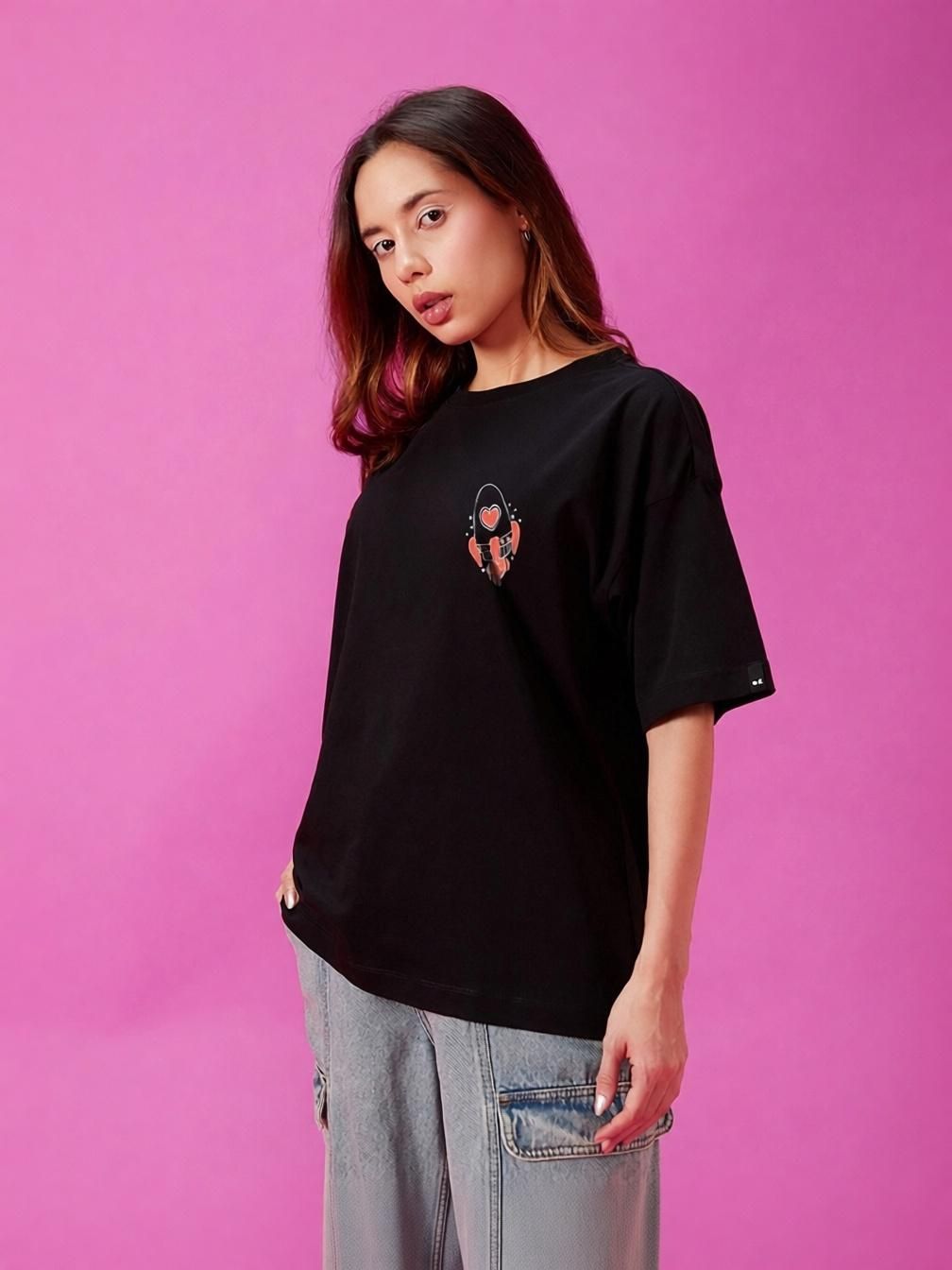 bewakoof Oversized Women Graphic Print Round Neck Pure Cotton Black T-Shirt-picture-16