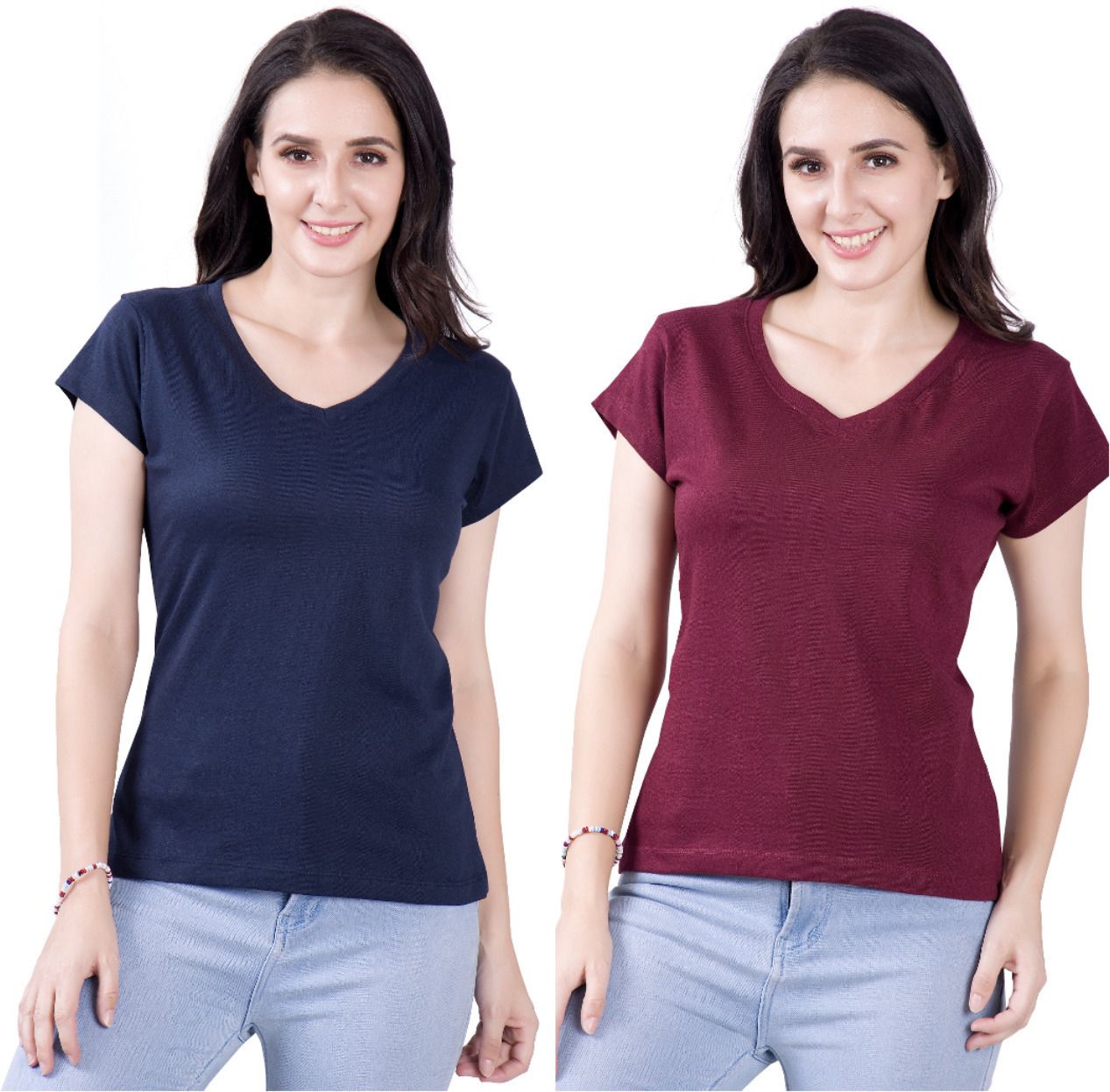 fashinks Pack of 2 Women Solid V Neck Cotton Blend Maroon, Navy Blue T-Shirt-picture-23