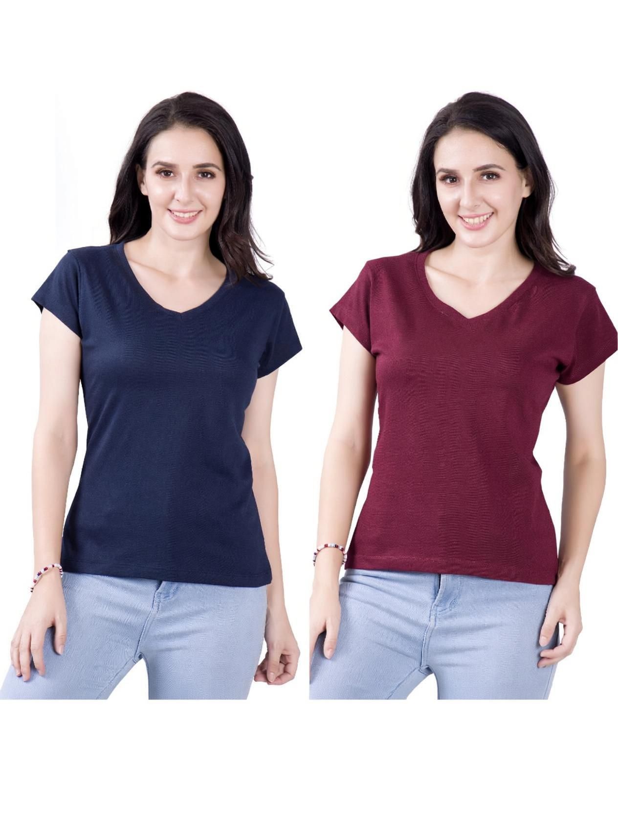 Pack of 2 Women Solid V Neck Cotton Blend Maroon, Navy Blue T-Shirt-image-4