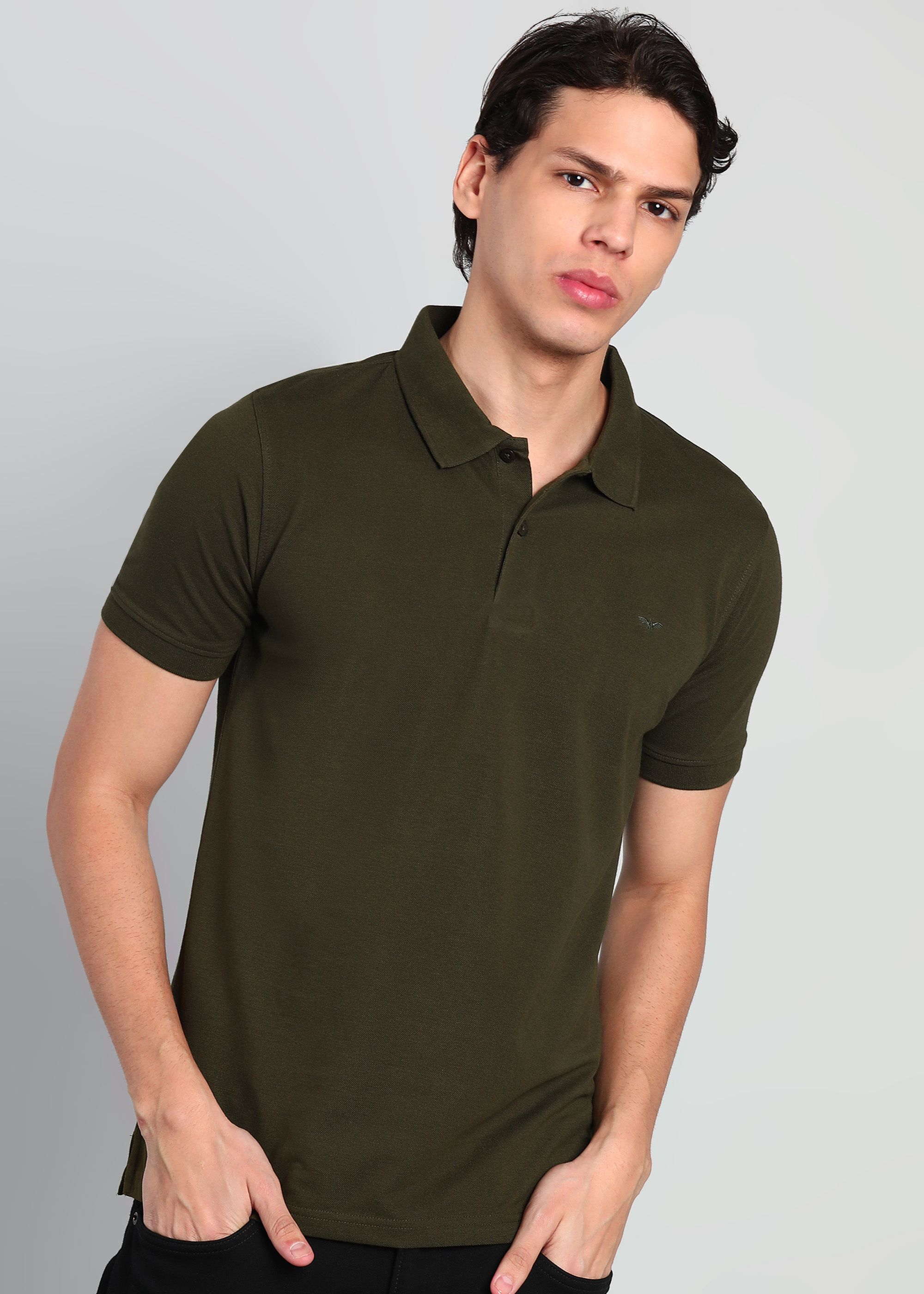 park avenue Men Solid Polo Neck Cotton Blend Dark Green T-Shirt-picture-34