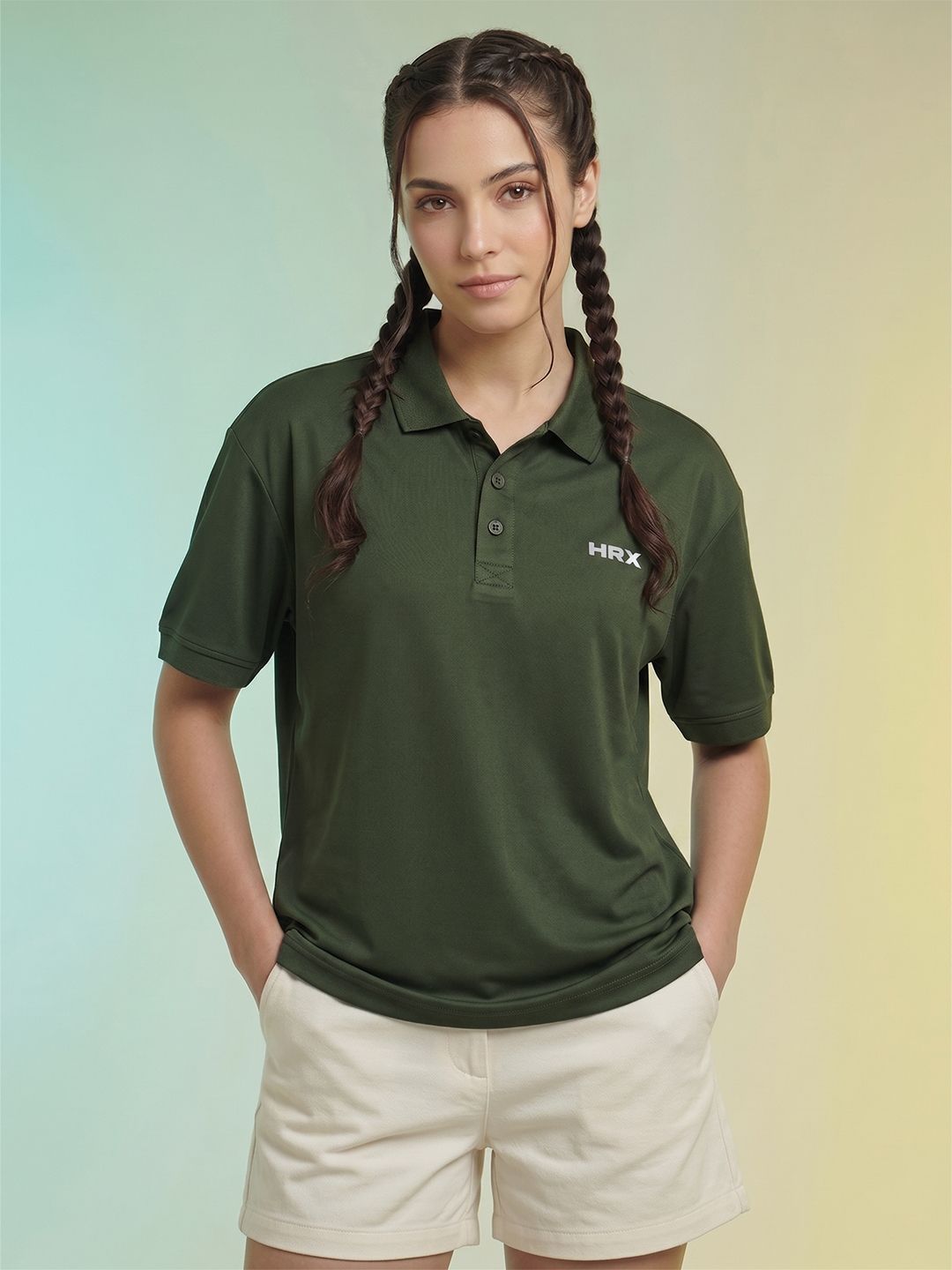 Women Self Design Polo Neck Polyester Dark Green T-Shirt-image-43
