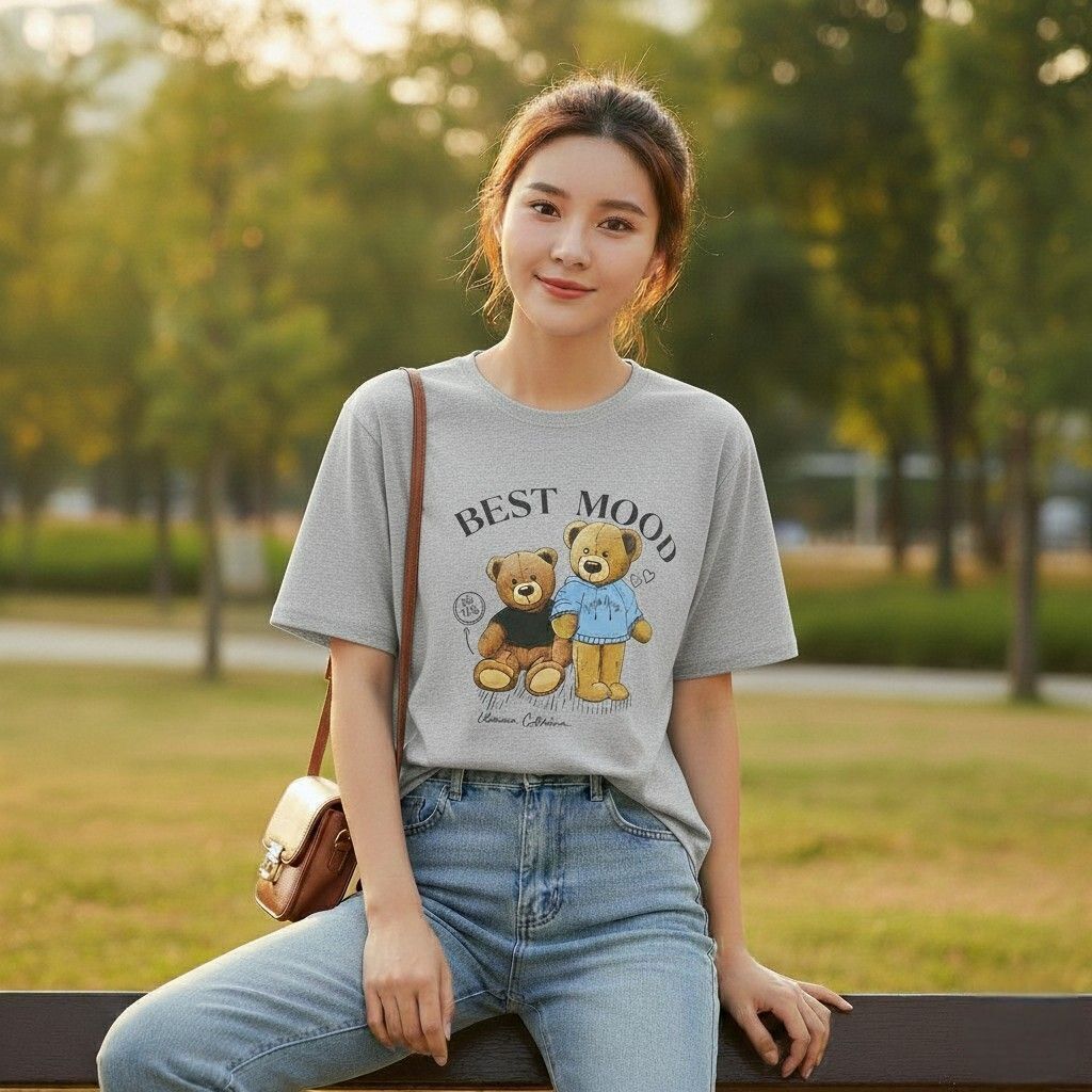 lcyflame Women Graphic Print Round Neck Cotton Blend Beige T-Shirt-picture-39