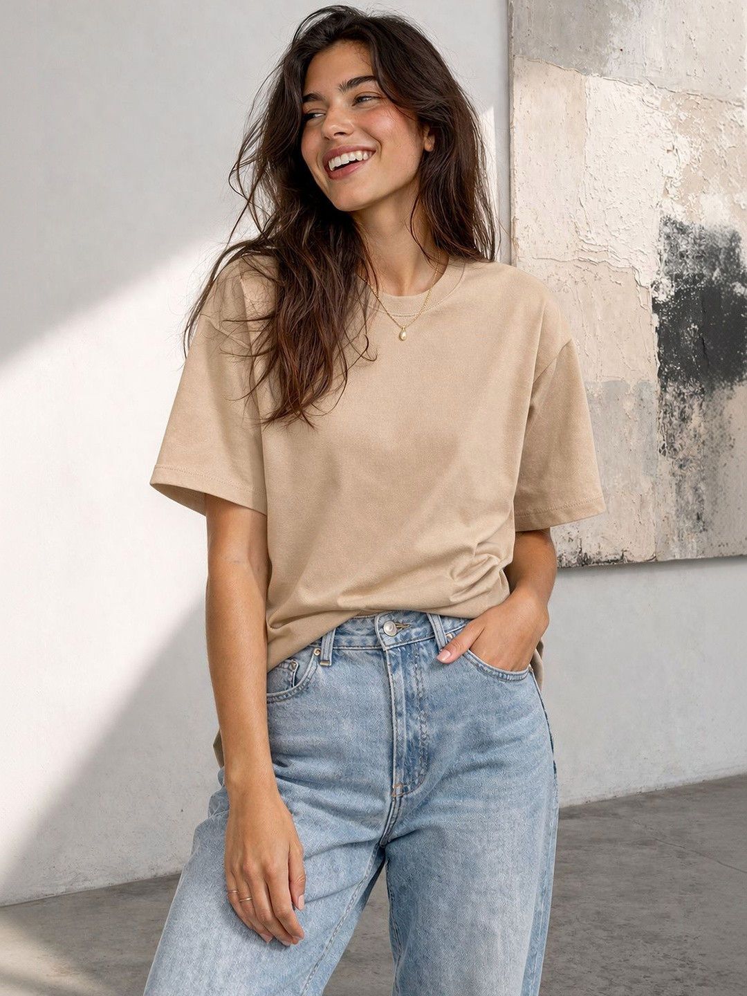 chhapo Women Solid Round Neck Cotton Blend Beige T-Shirt-picture-29