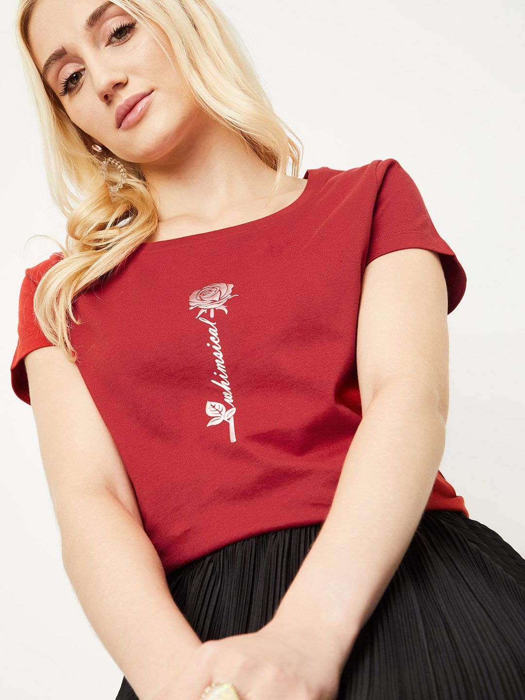 Women Printed Round Neck Pure Cotton Red T-Shirt-image-20
