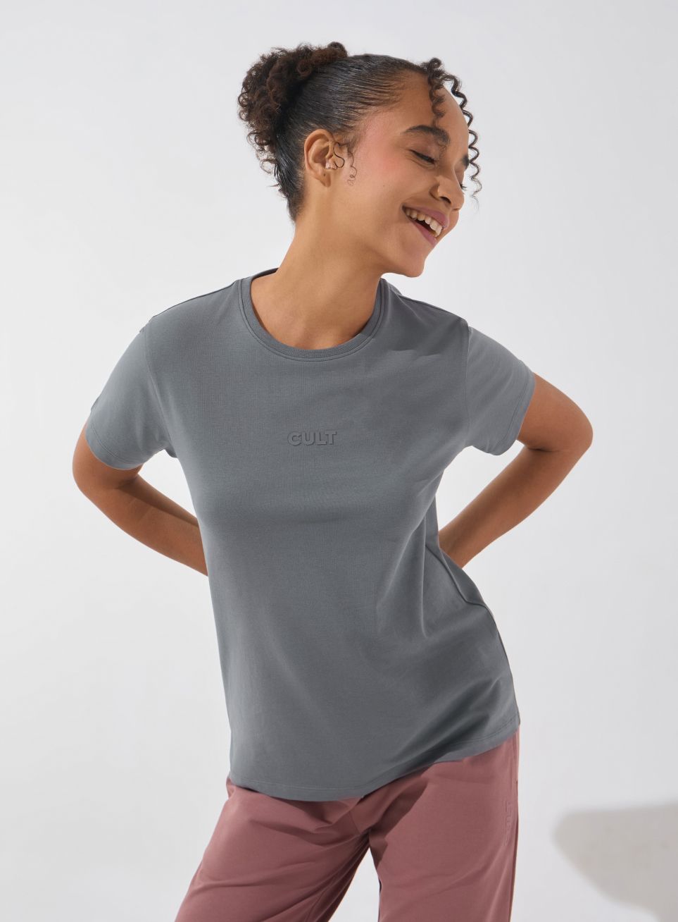 Women Solid Round Neck Cotton Blend Grey T-Shirt-image-45