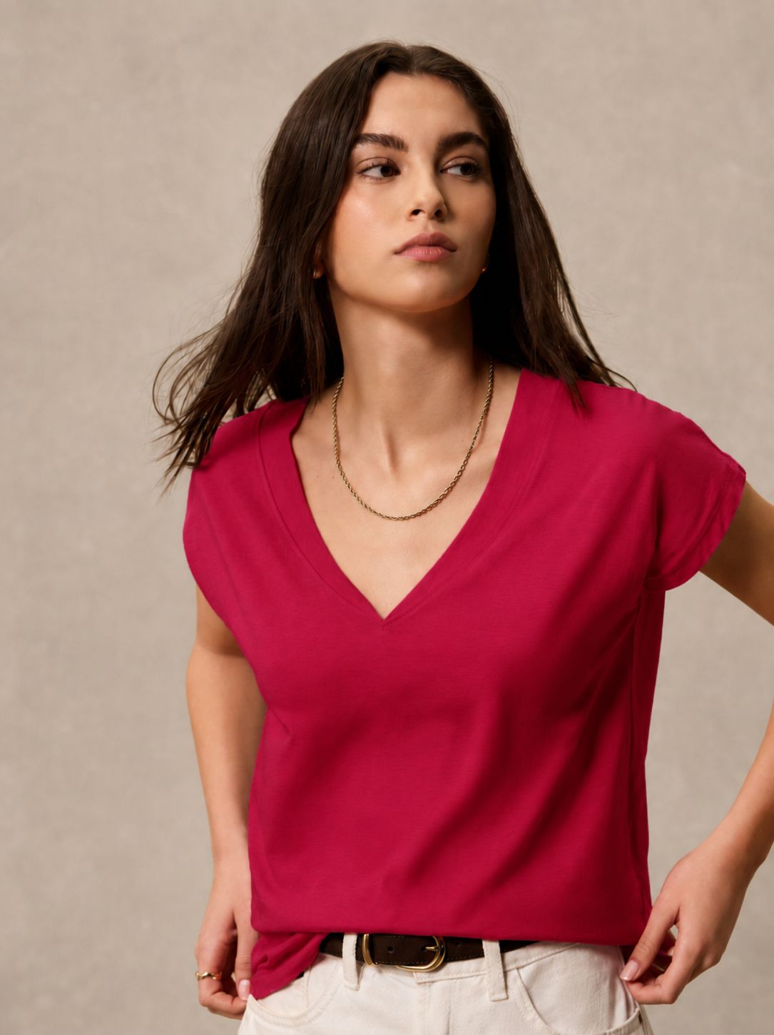 kotty Women Solid V Neck Cotton Blend Red T-Shirt-picture-12
