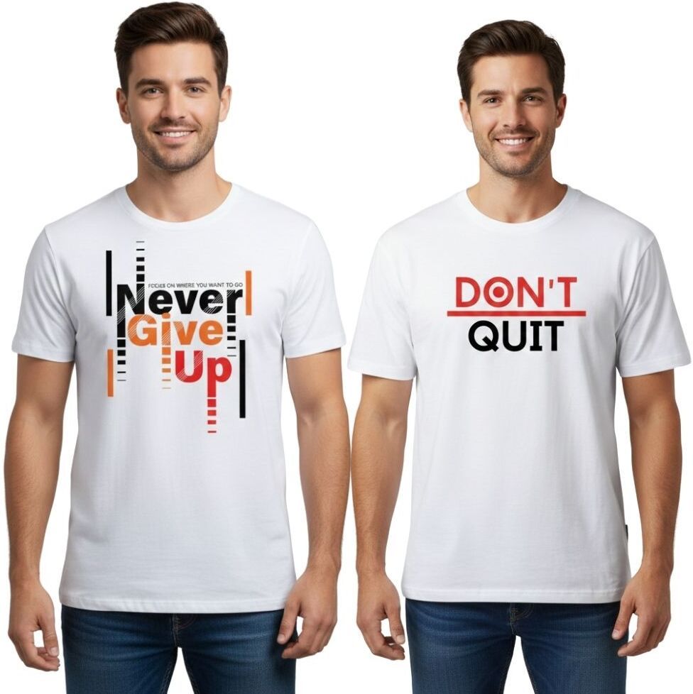 vkv fshion Pack of 2 Men Graphic Print Round Neck Cotton Blend White T-Shirt-picture-27