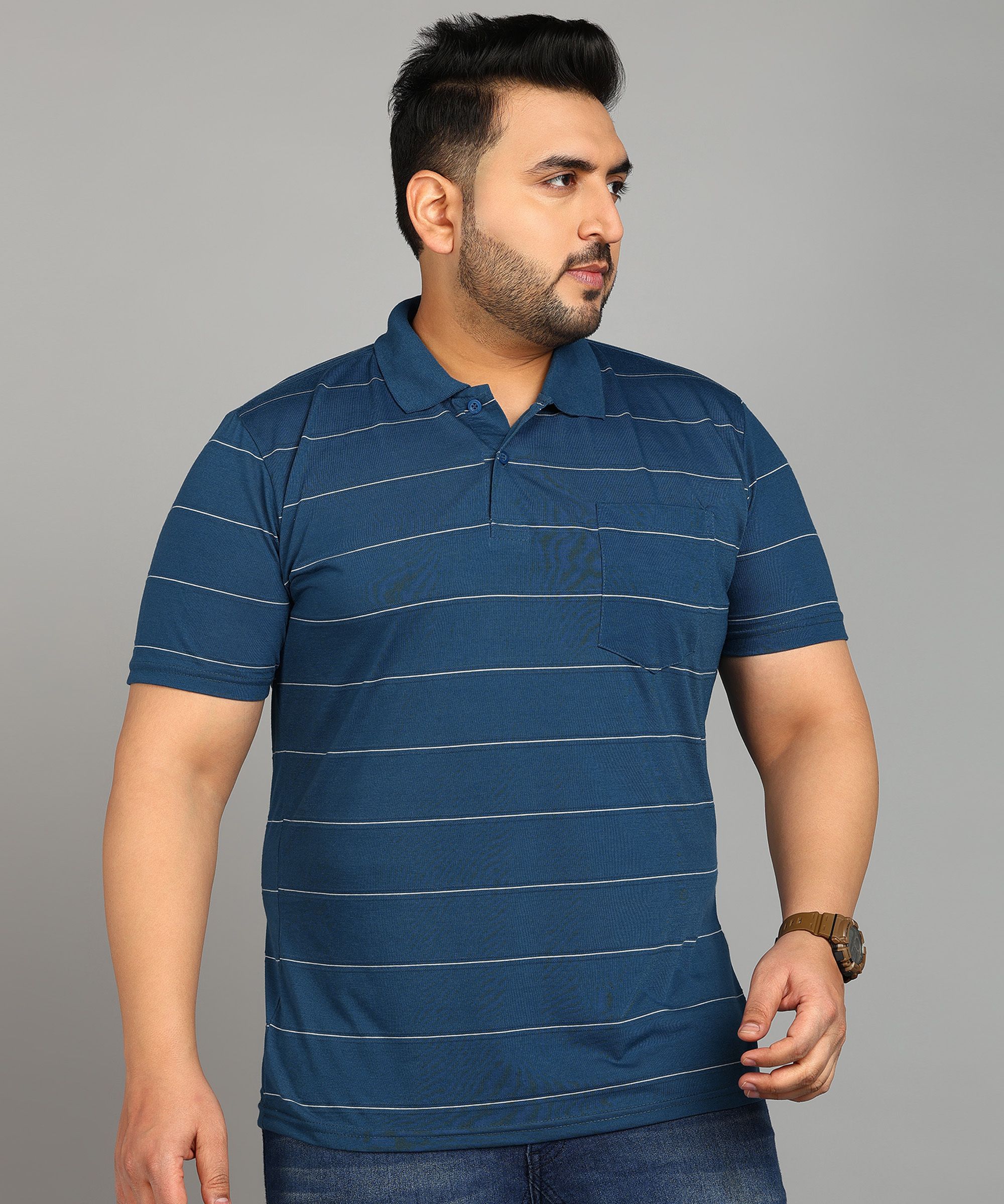 metronaut plus Plus Size Men Striped Polo Neck Cotton Blend Blue T-Shirt-picture-17