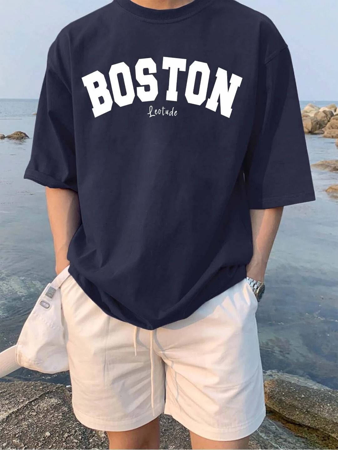 Men Printed Round Neck Cotton Blend Navy Blue T-Shirt