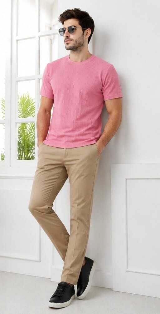 surat style hub Men Solid Round Neck Polycotton Pink T-Shirt-picture-15