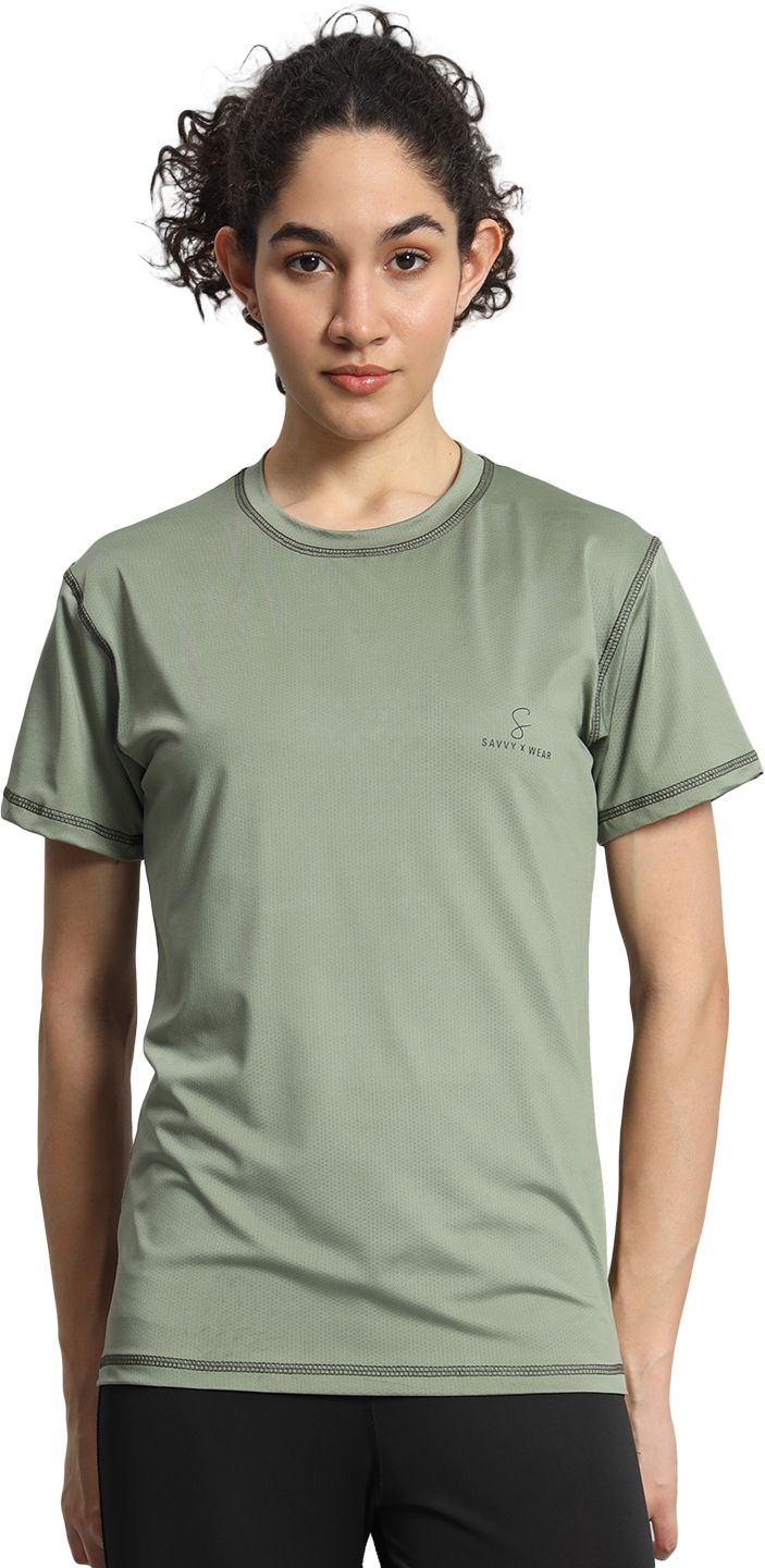 savvy x wear Women Solid Round Neck Polyester Green T-Shirt-picture-10