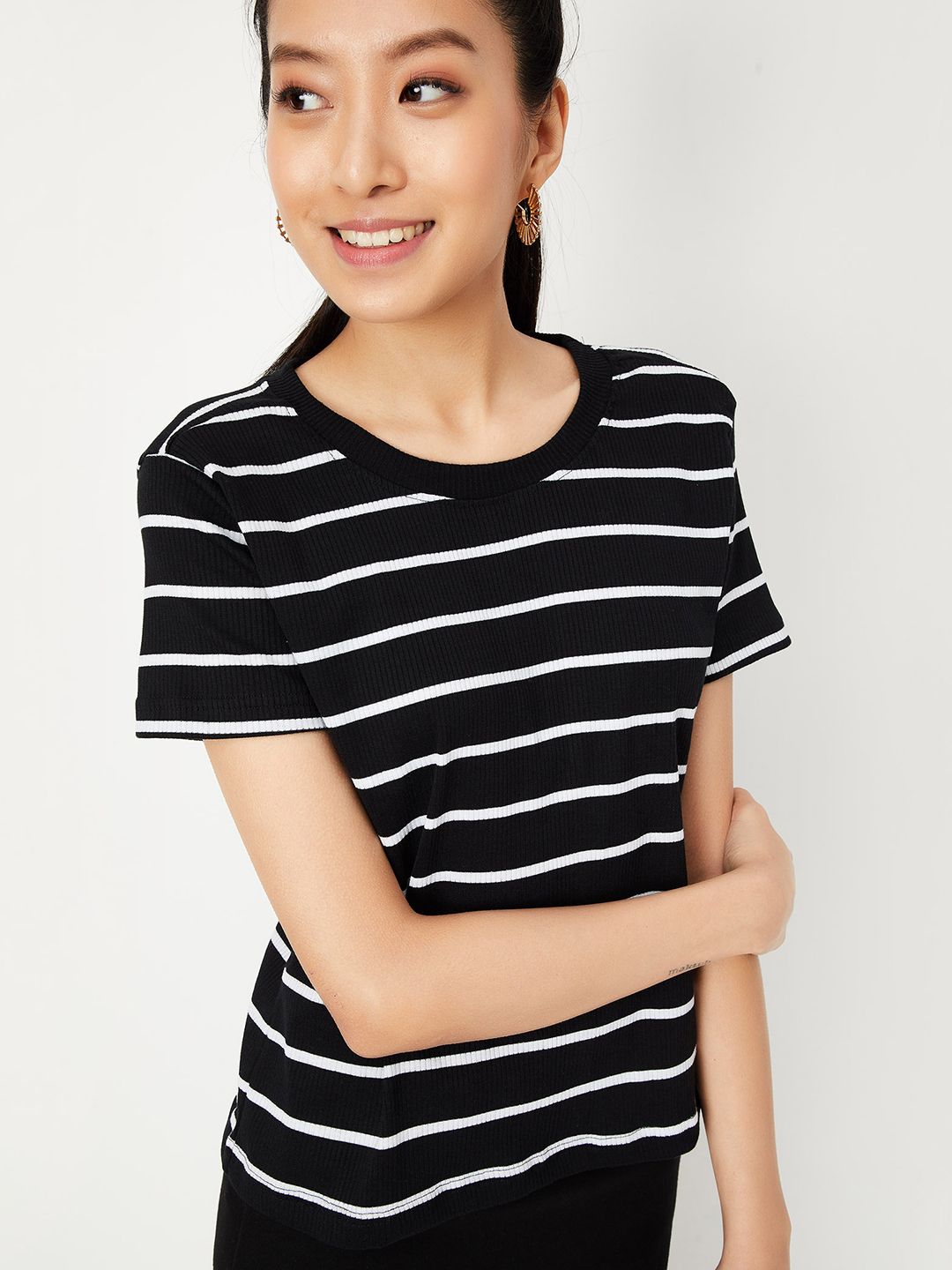 max Women Striped Round Neck Cotton Blend Black T-Shirt-picture-10
