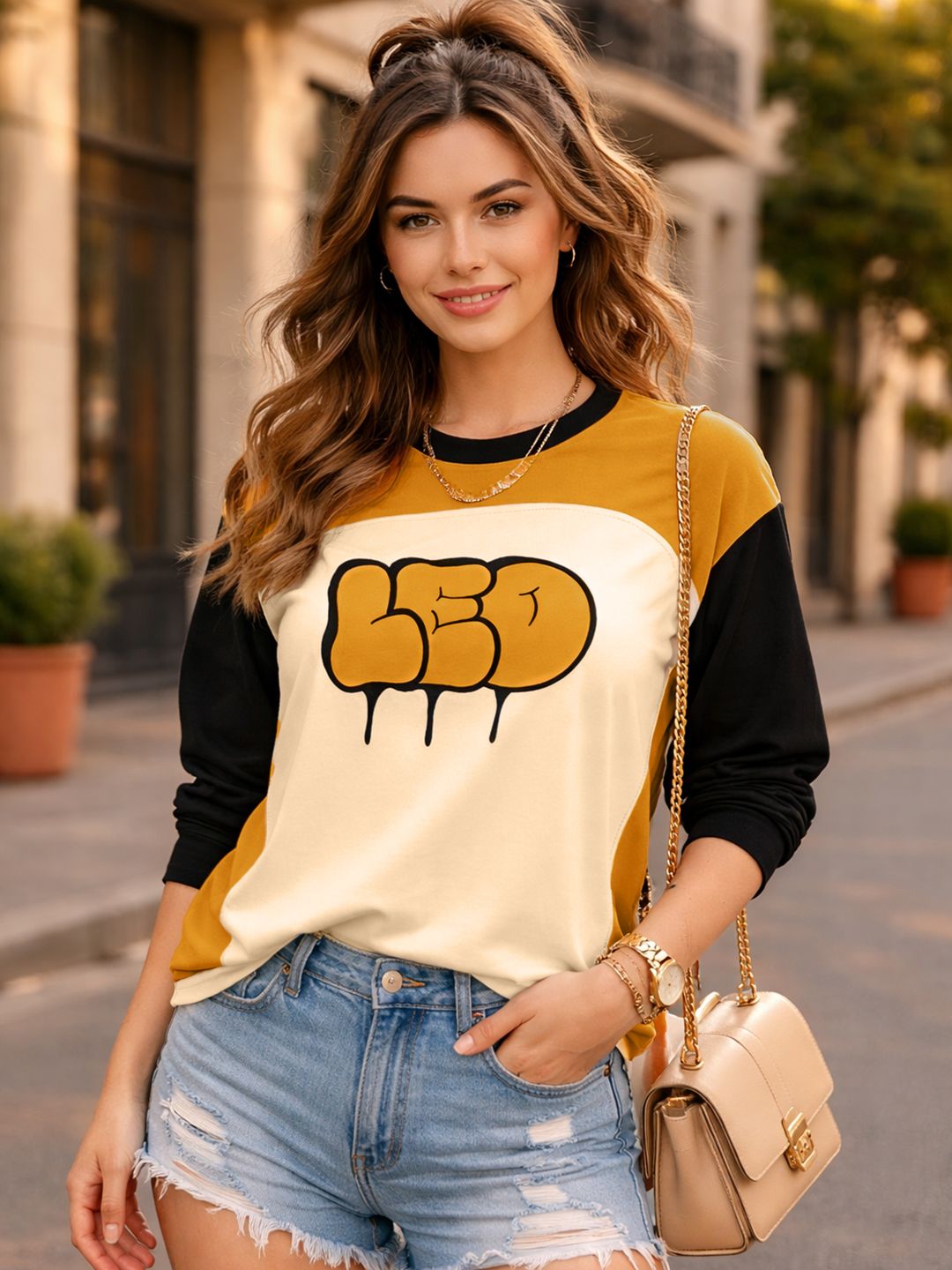leotude Women Printed Round Neck Cotton Blend Yellow T-Shirt-picture-30