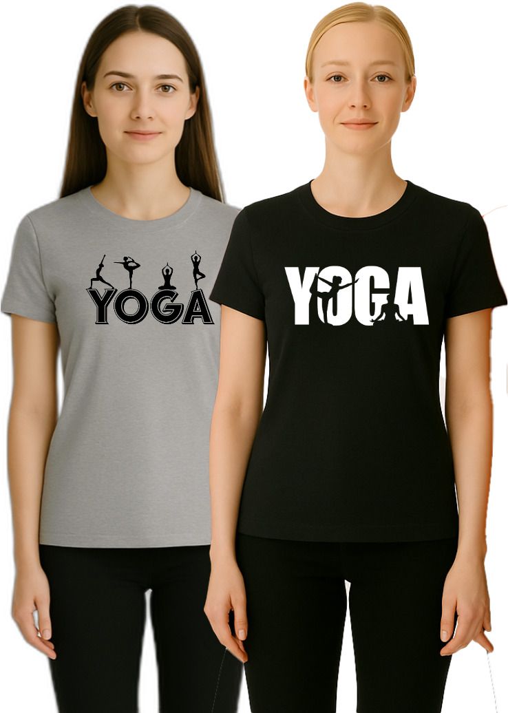 Pack of 2 Women Printed Round Neck Polycotton Black, Grey T-Shirt-image-12