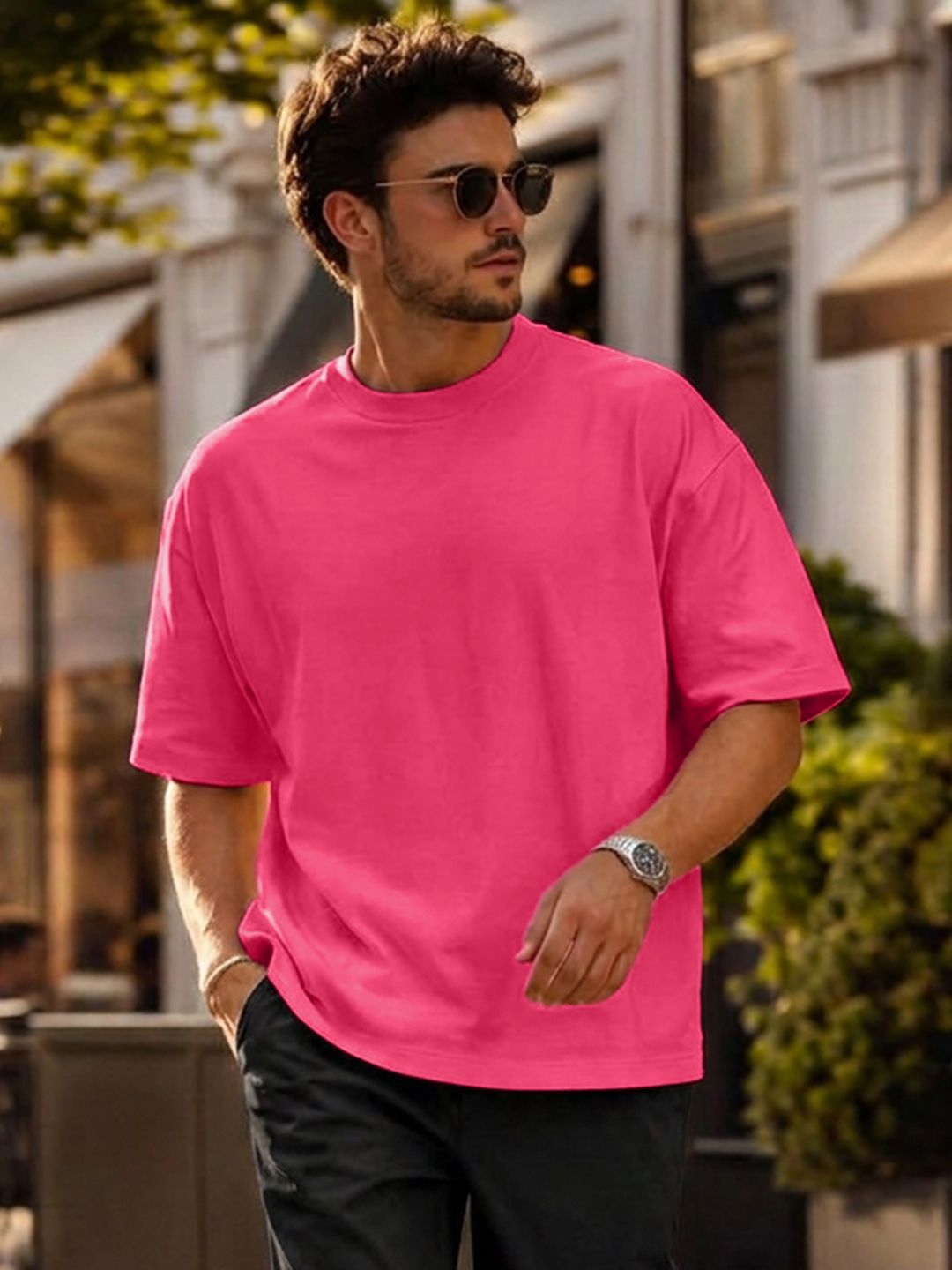 Men Solid Round Neck Cotton Blend Pink T-Shirt-image-45