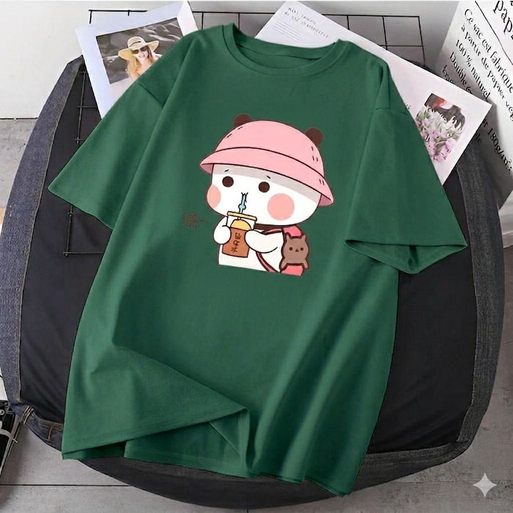 mapeltrendfrox Women Cartoon Round Neck Cotton Blend Dark Green T-Shirt-picture-32
