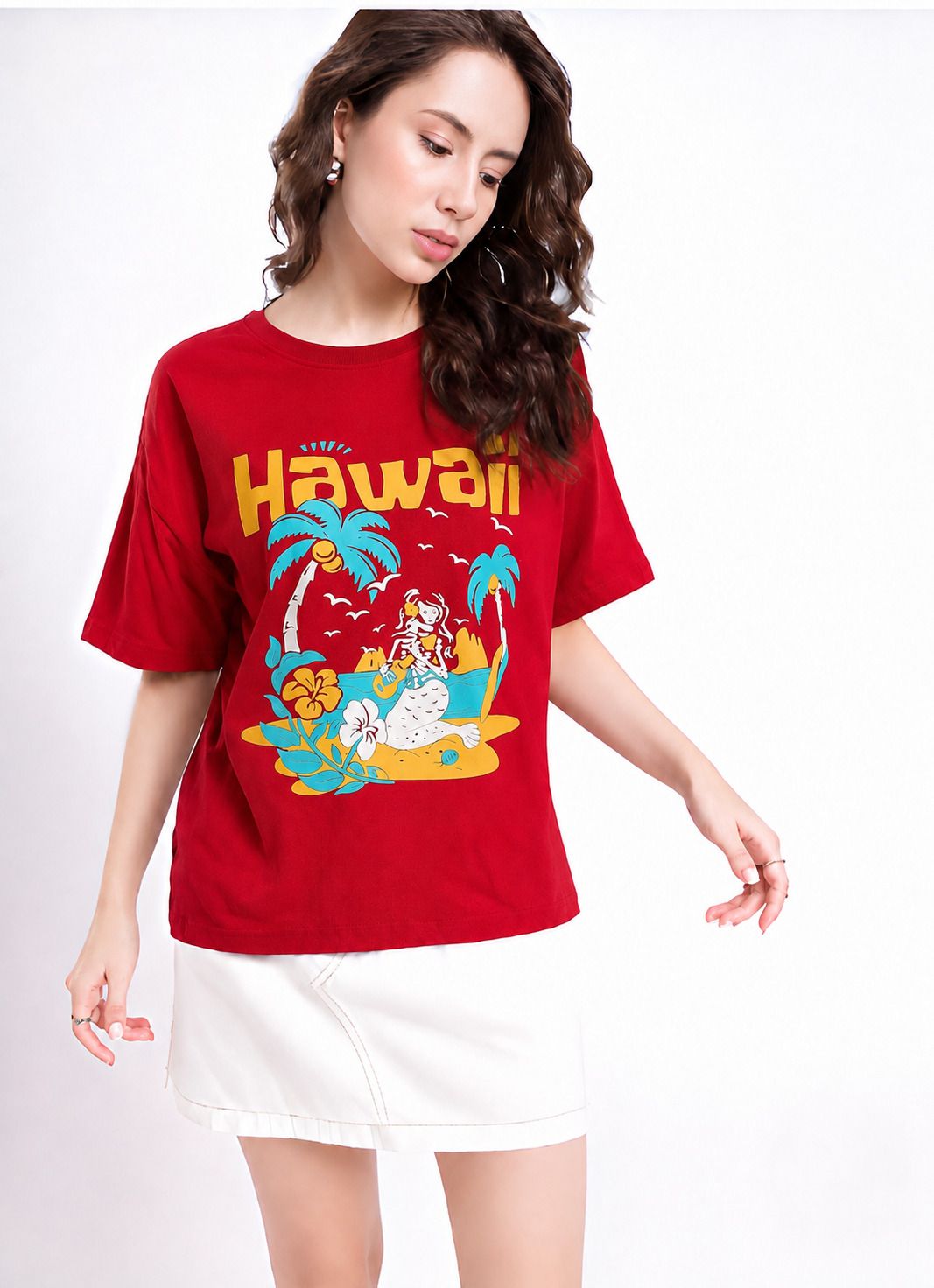 fabflee Women Printed Round Neck Cotton Blend Red T-Shirt-picture-33