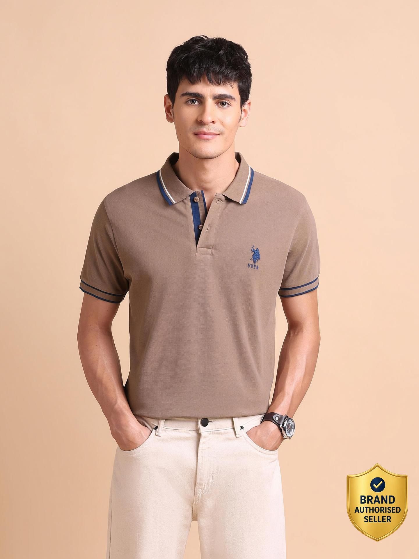 u.s. polo assn. Men Solid Polo Neck Pure Cotton Brown T-Shirt-picture-24