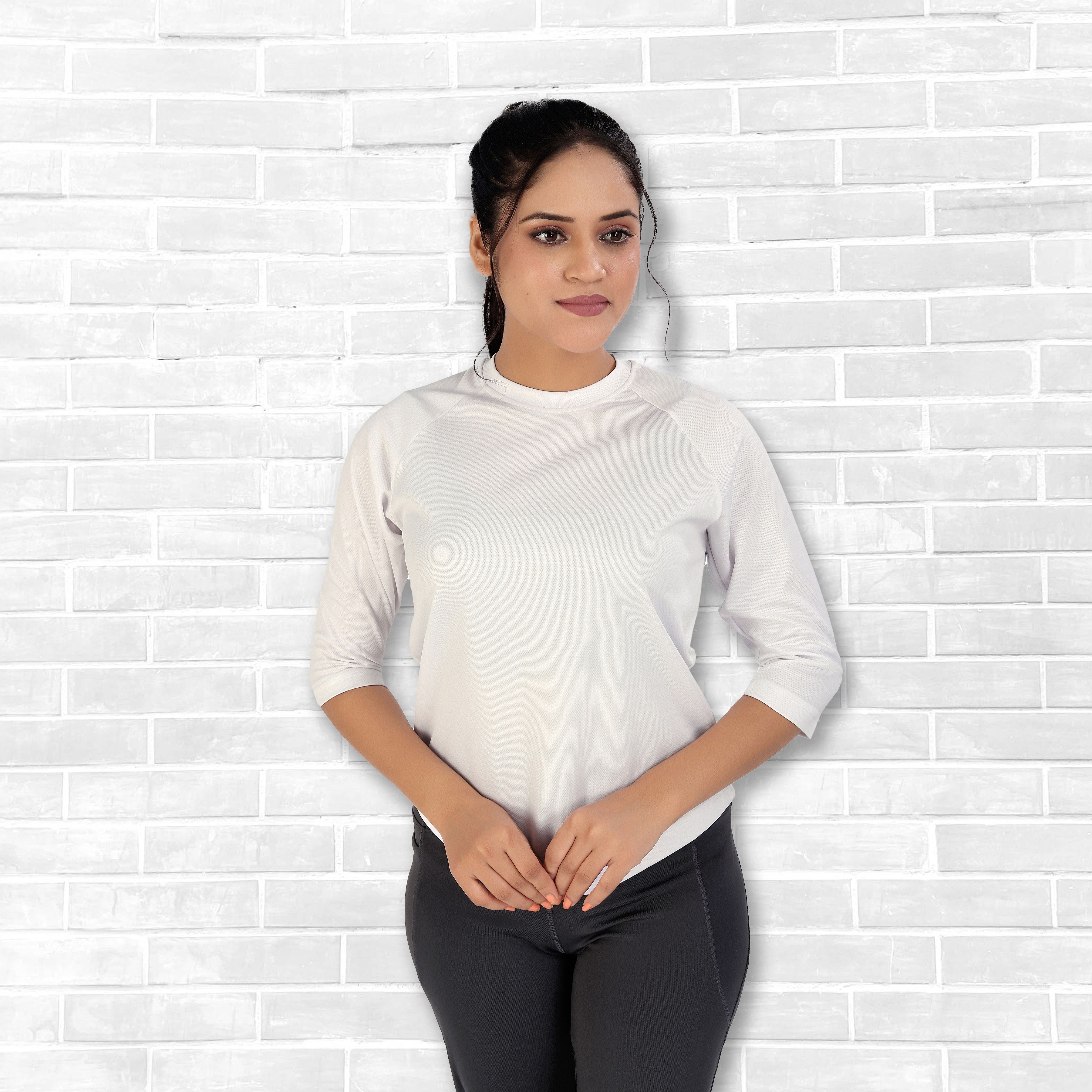 Women Solid Round Neck Polyester White T-Shirt