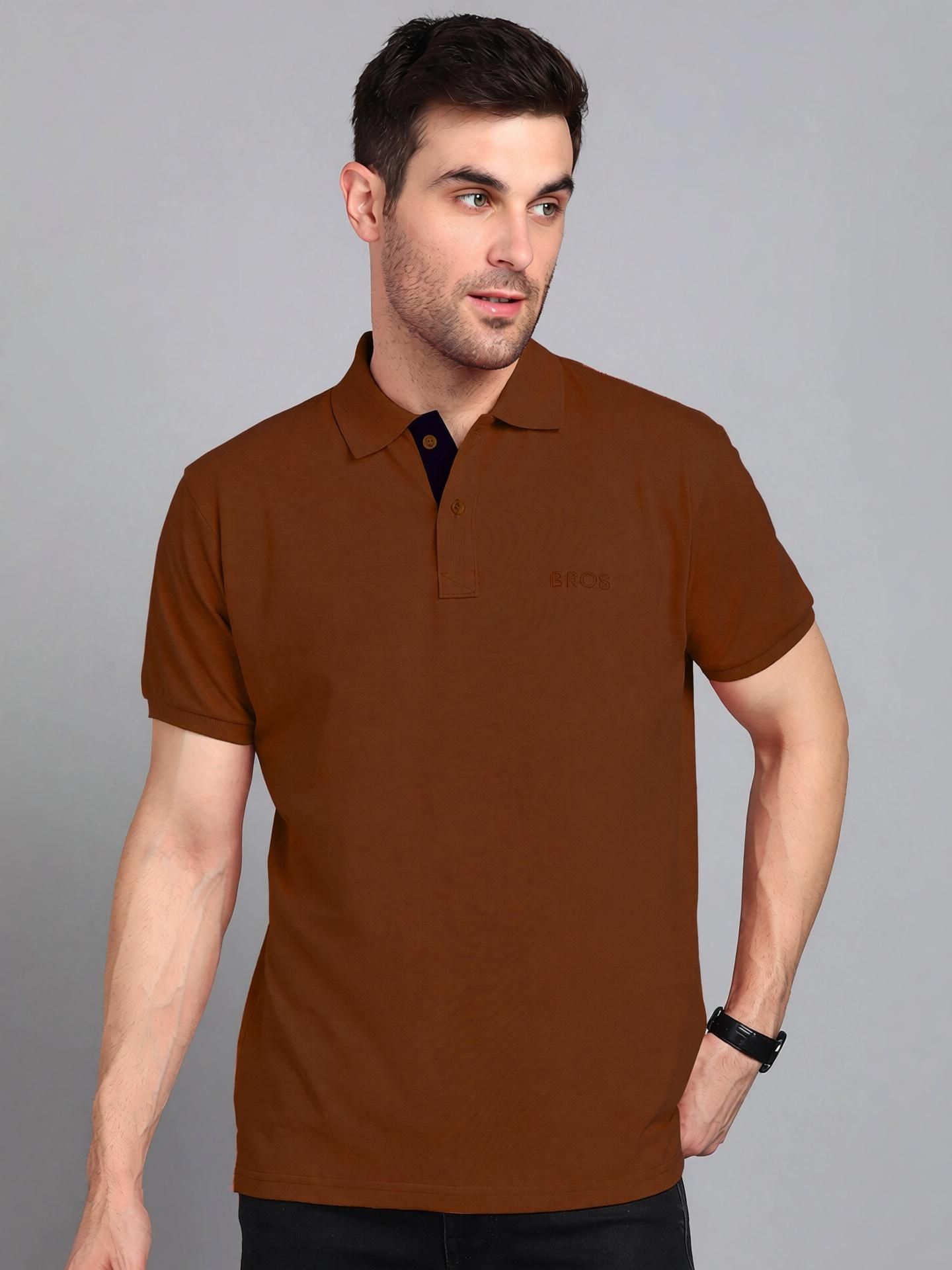 3bros Men Solid Polo Neck Cotton Blend Brown T-Shirt-picture-22
