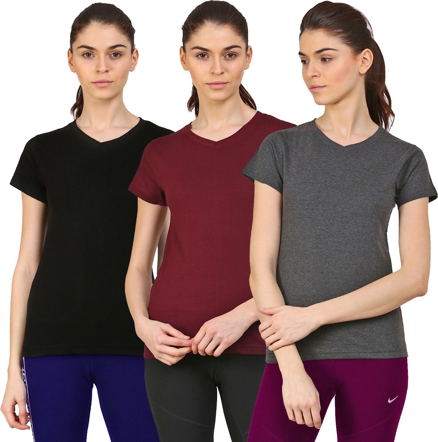 ap'pulse Pack of 3 Women Solid V Neck Cotton Blend Maroon, Black, Grey T-Shirt-picture-15