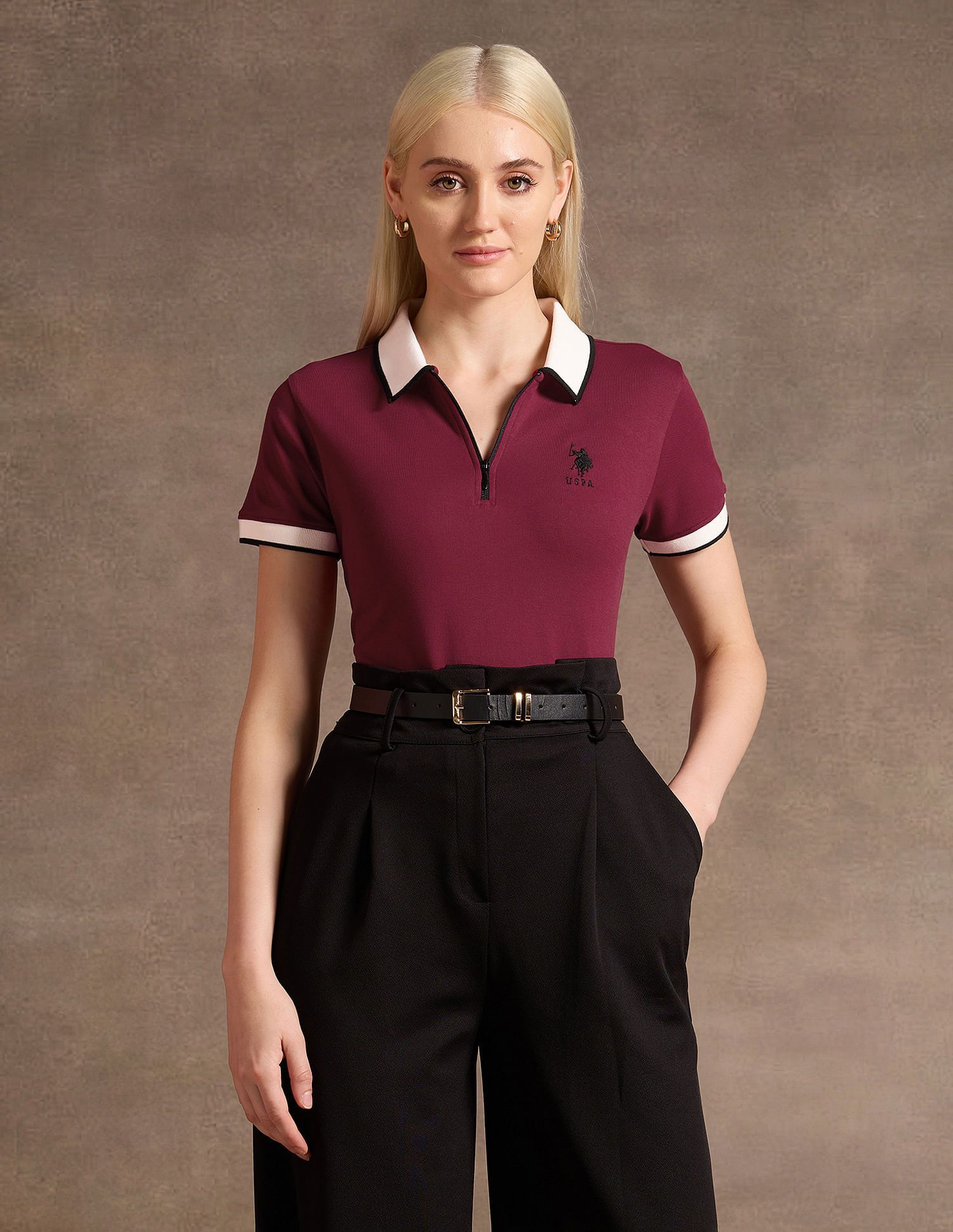 u.s. polo assn. Women Solid Polo Neck Cotton Blend Red T-Shirt-picture-23