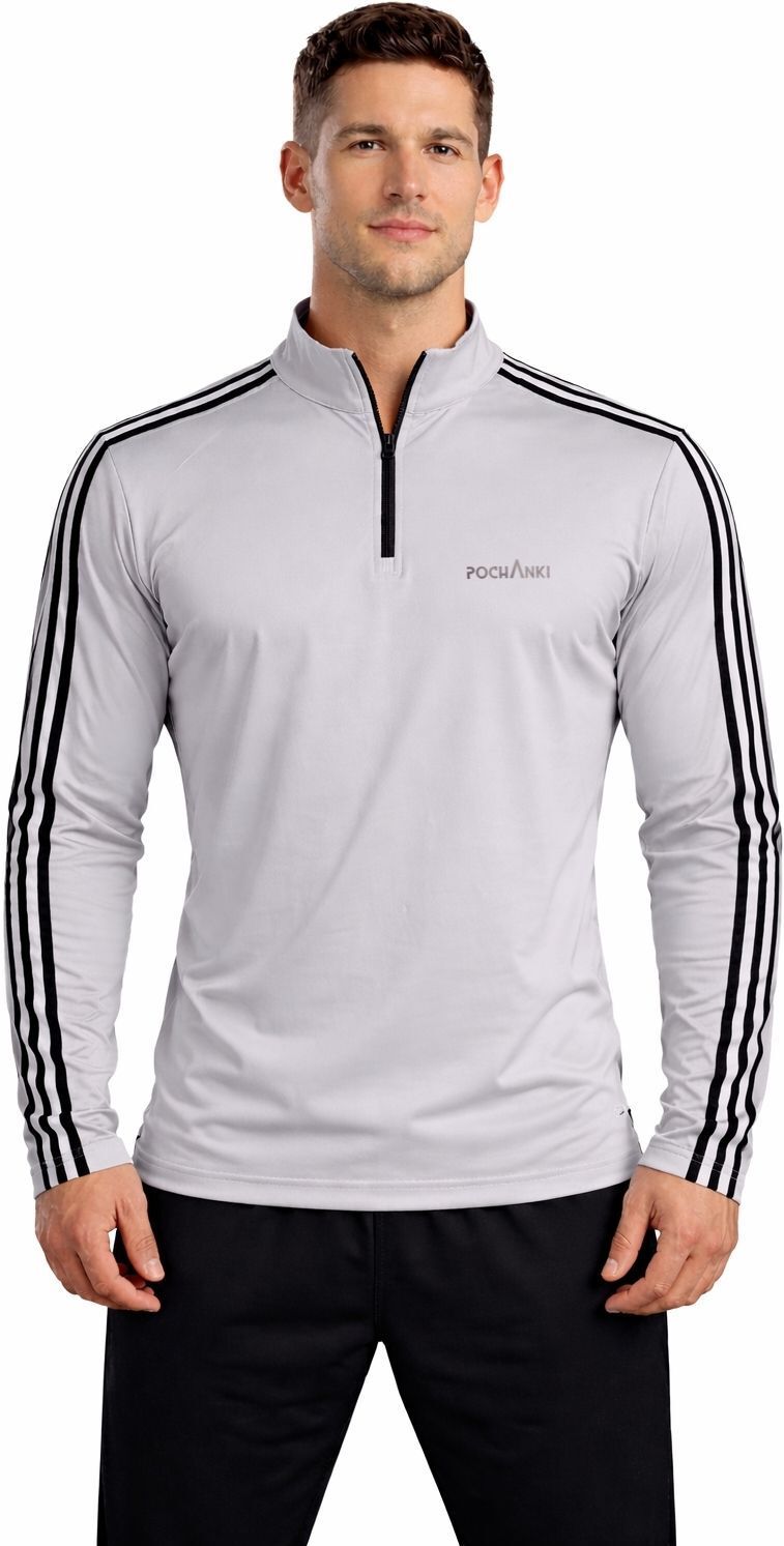 Men Striped Zip Neck Nylon Grey T-Shirt-image-5