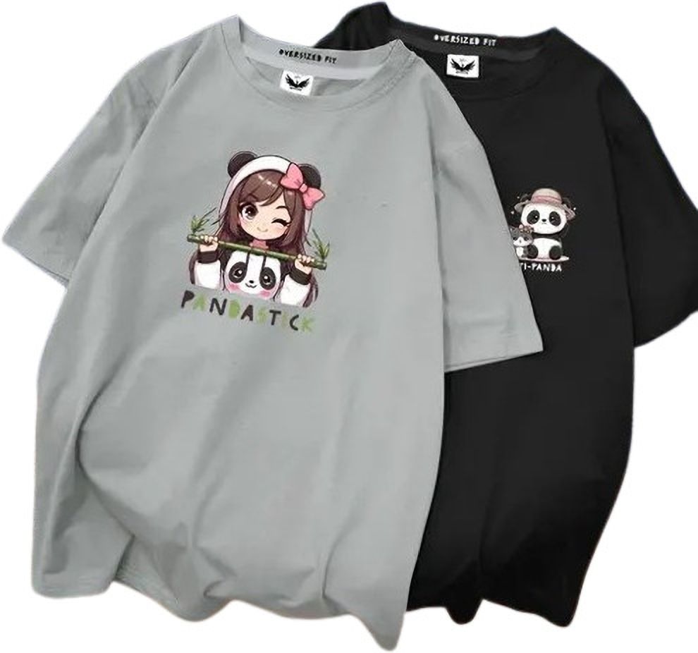 Pack of 2 Women Graphic Print Round Neck Cotton Blend Black, Grey T-Shirt-image-21