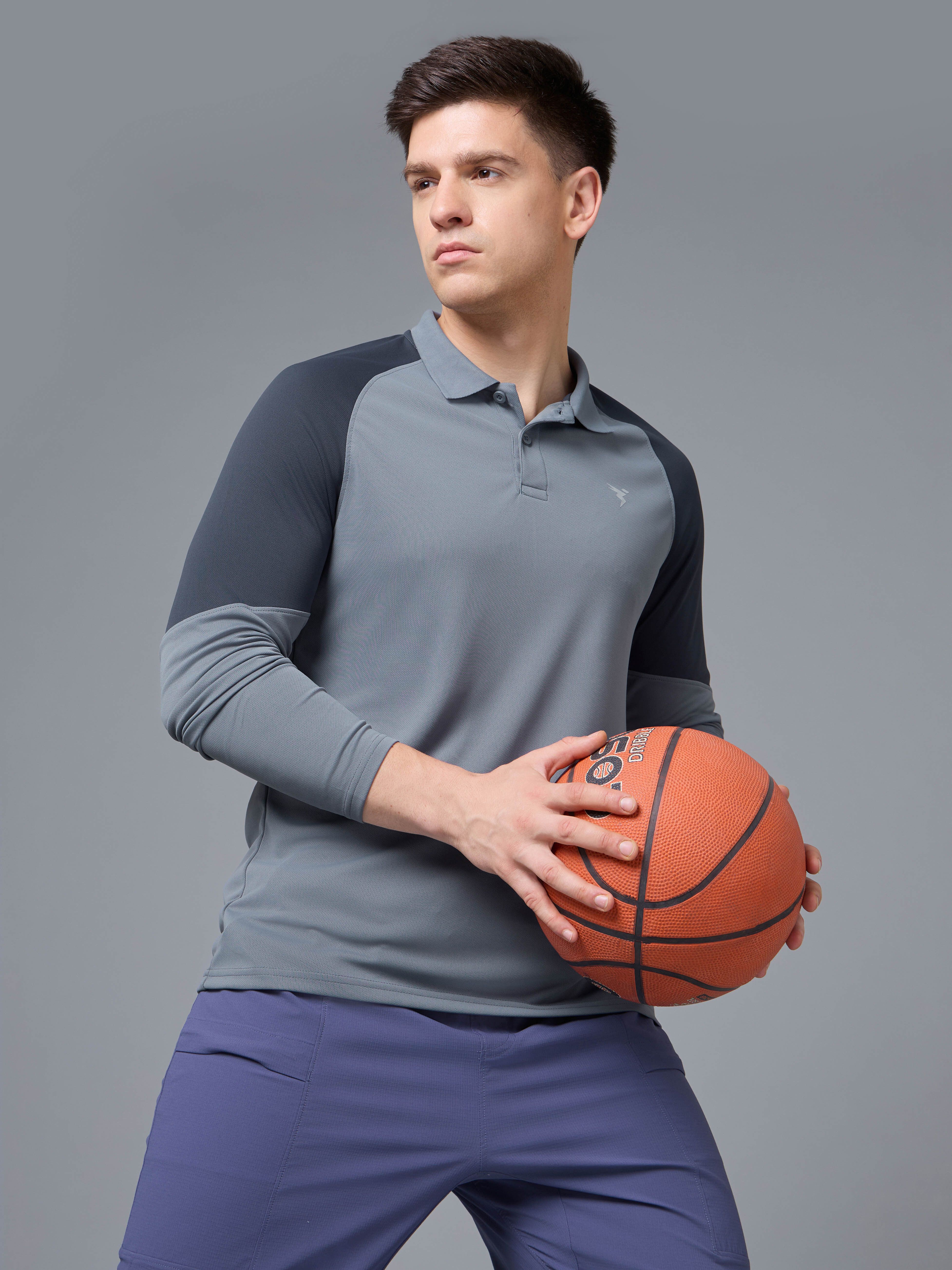 Men Colorblock Polo Neck Polyester Grey T-Shirt-image-2