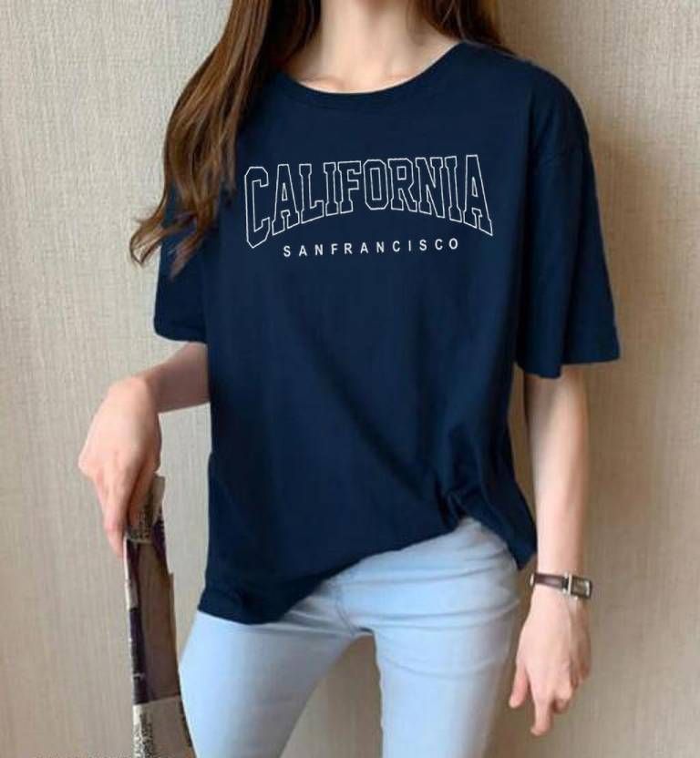 Women Typography Round Neck Cotton Blend Blue T-Shirt