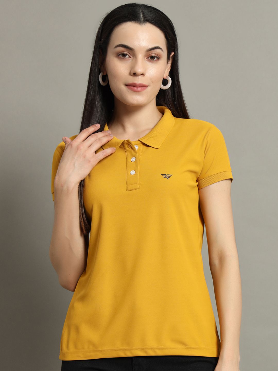 Women Solid Polo Neck Cotton Blend Yellow T-Shirt