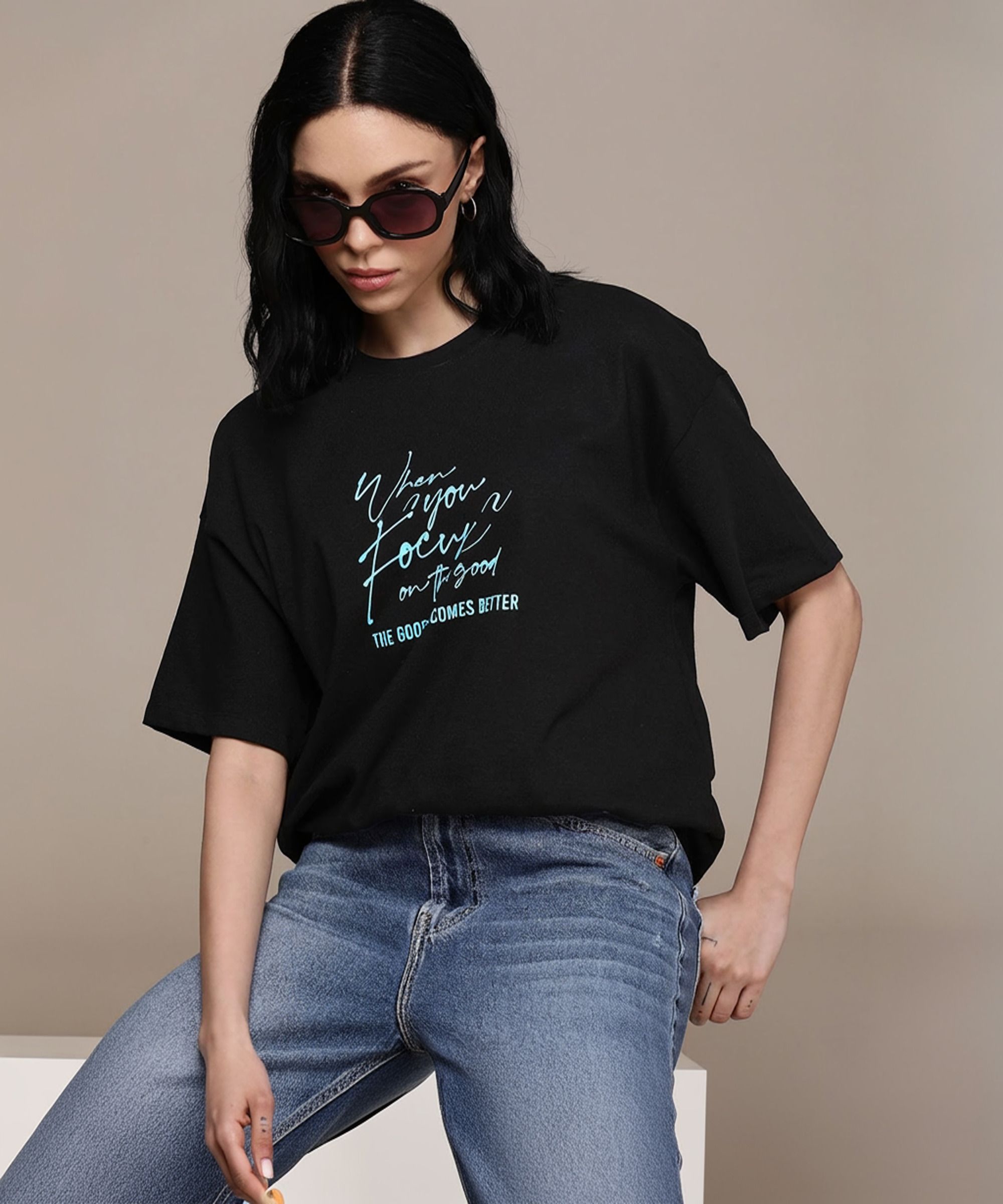 roadster Women Printed Round Neck Pure Cotton Black T-Shirt-picture-10