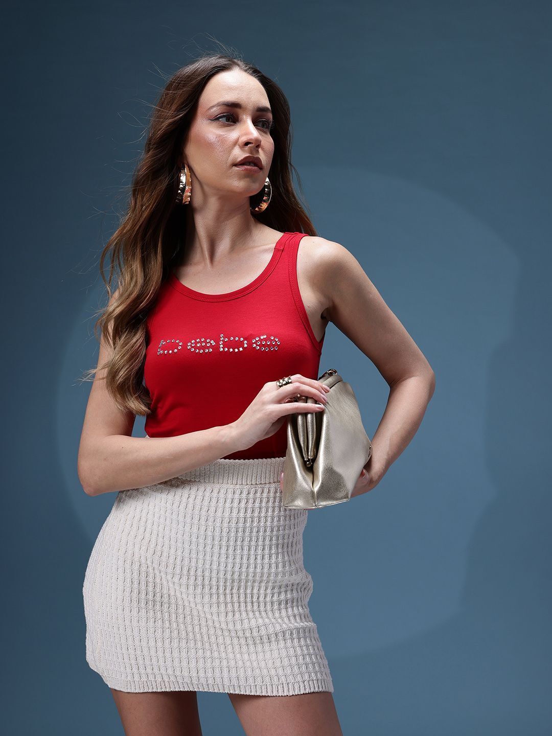 bebe Women Solid Scoop Neck Polyester Red T-Shirt-picture-10