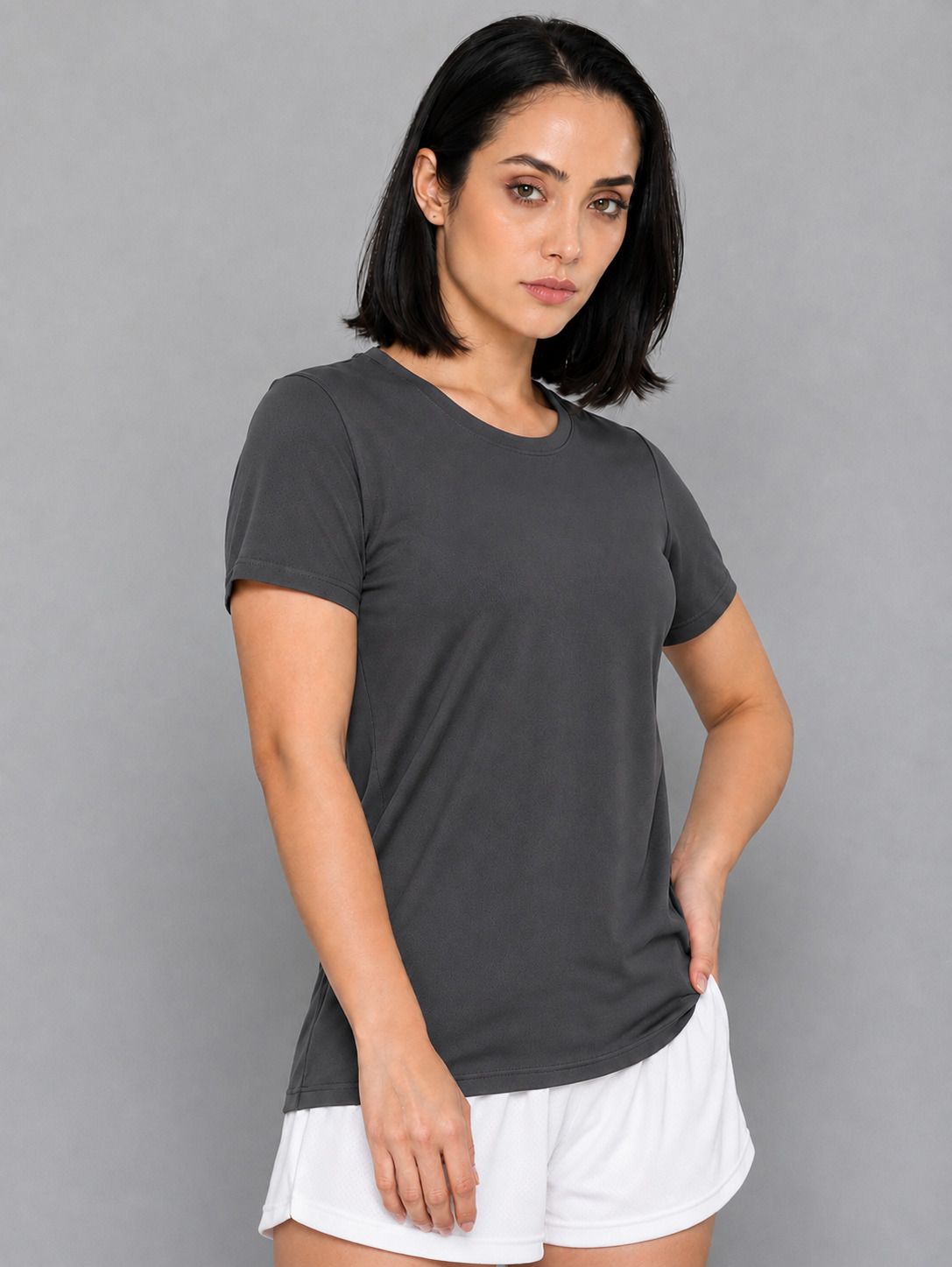 barbora Women Solid Round Neck Polyester Grey T-Shirt-picture-16