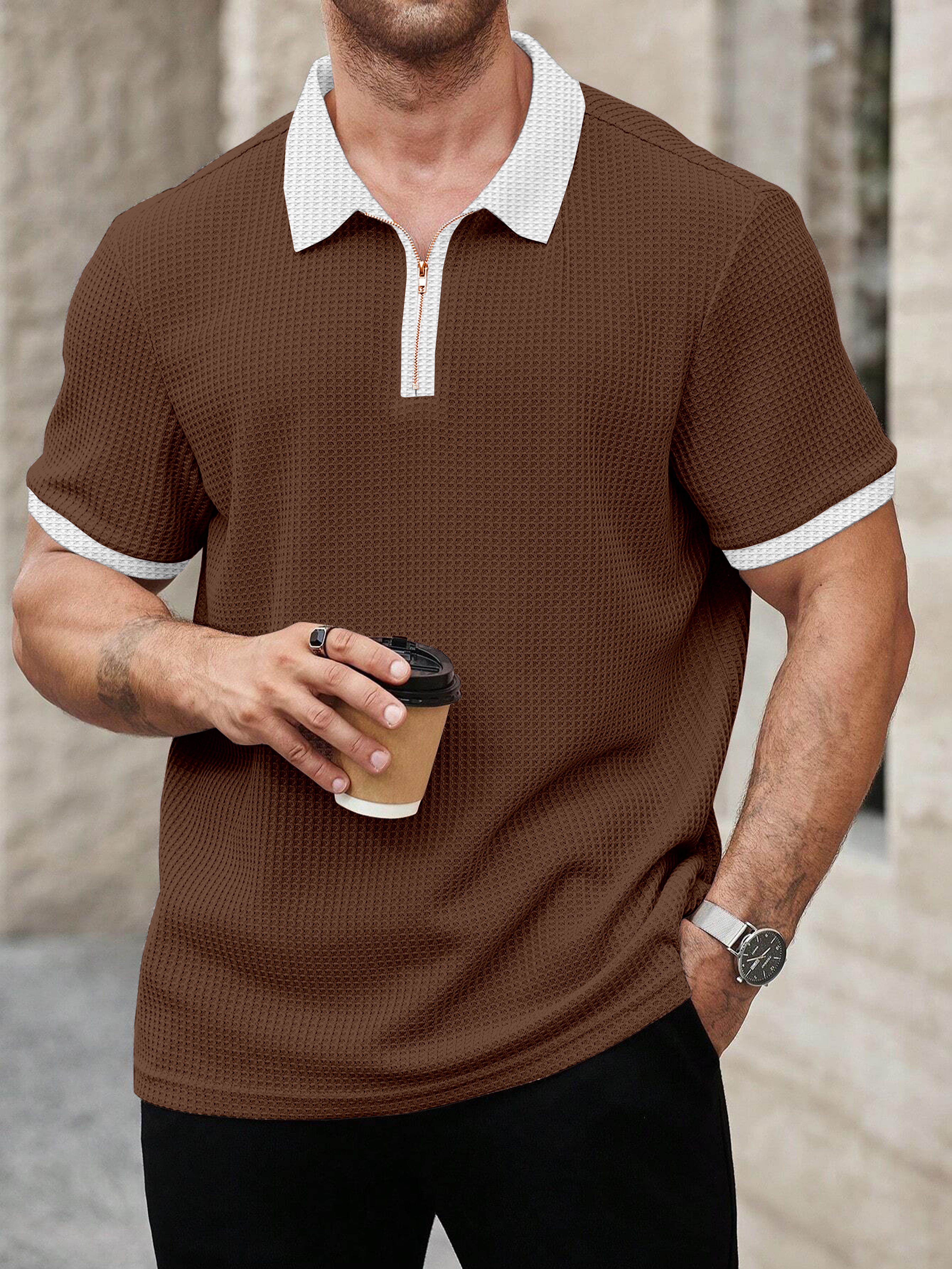 Men Self Design Polo Neck Polyester Brown, White T-Shirt