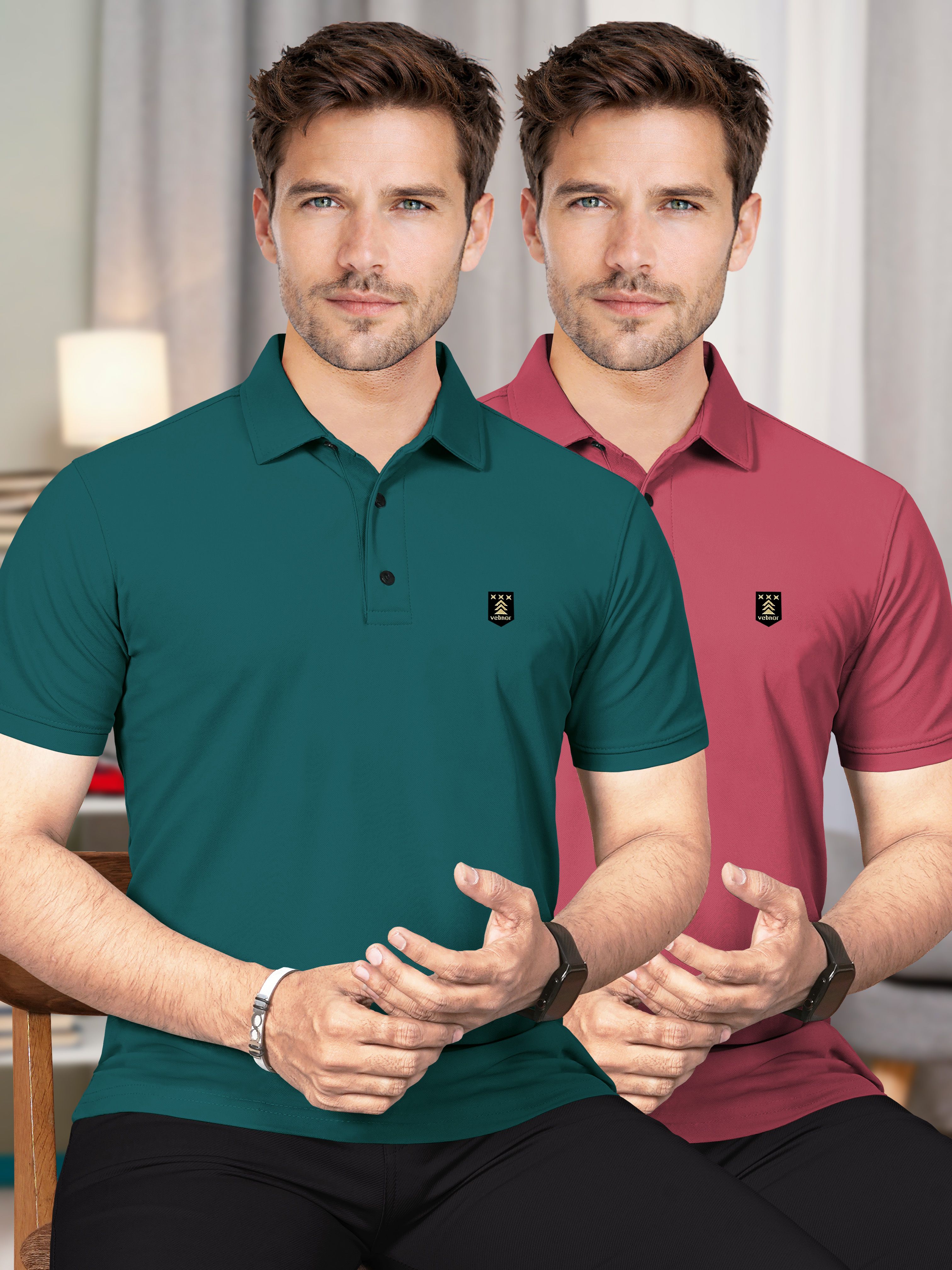 vebnor Pack of 2 Men Solid Polo Neck Polyester Green, Pink T-Shirt-picture-28