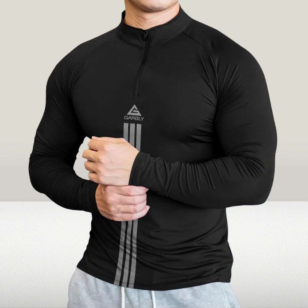 gaarrbly Men Striped Zip Neck Polyester Black T-Shirt-picture-14