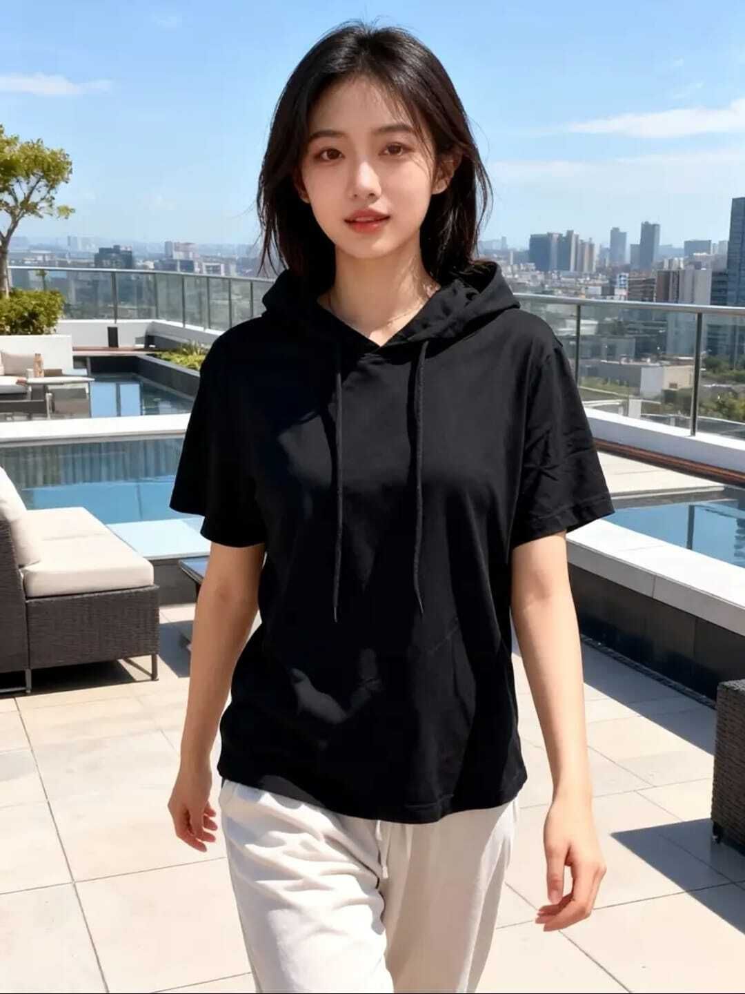 Women Solid Round Neck Cotton Blend Black T-Shirt-image-30