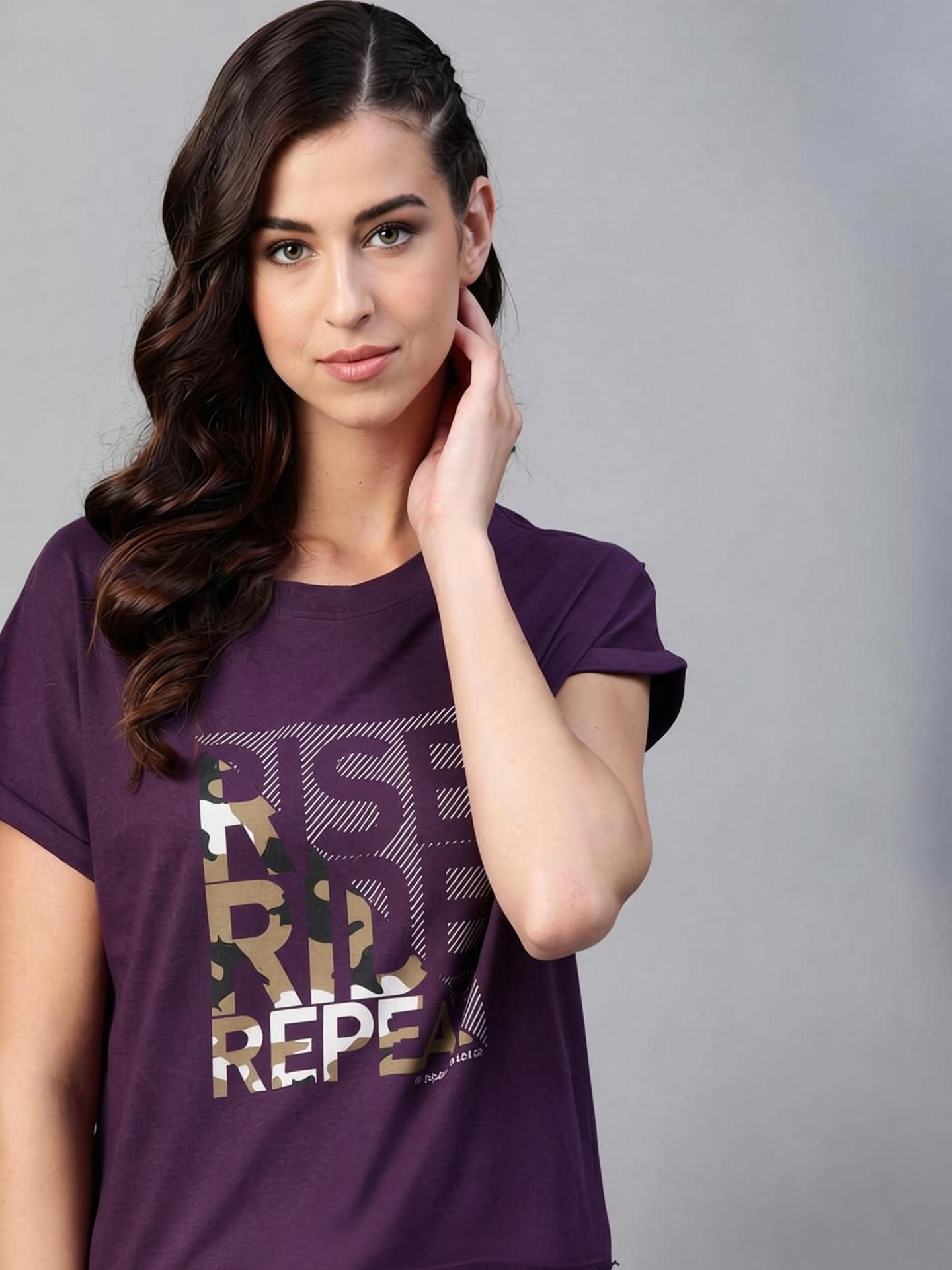 Women Graphic Print Round Neck Pure Cotton Purple T-Shirt-image-28